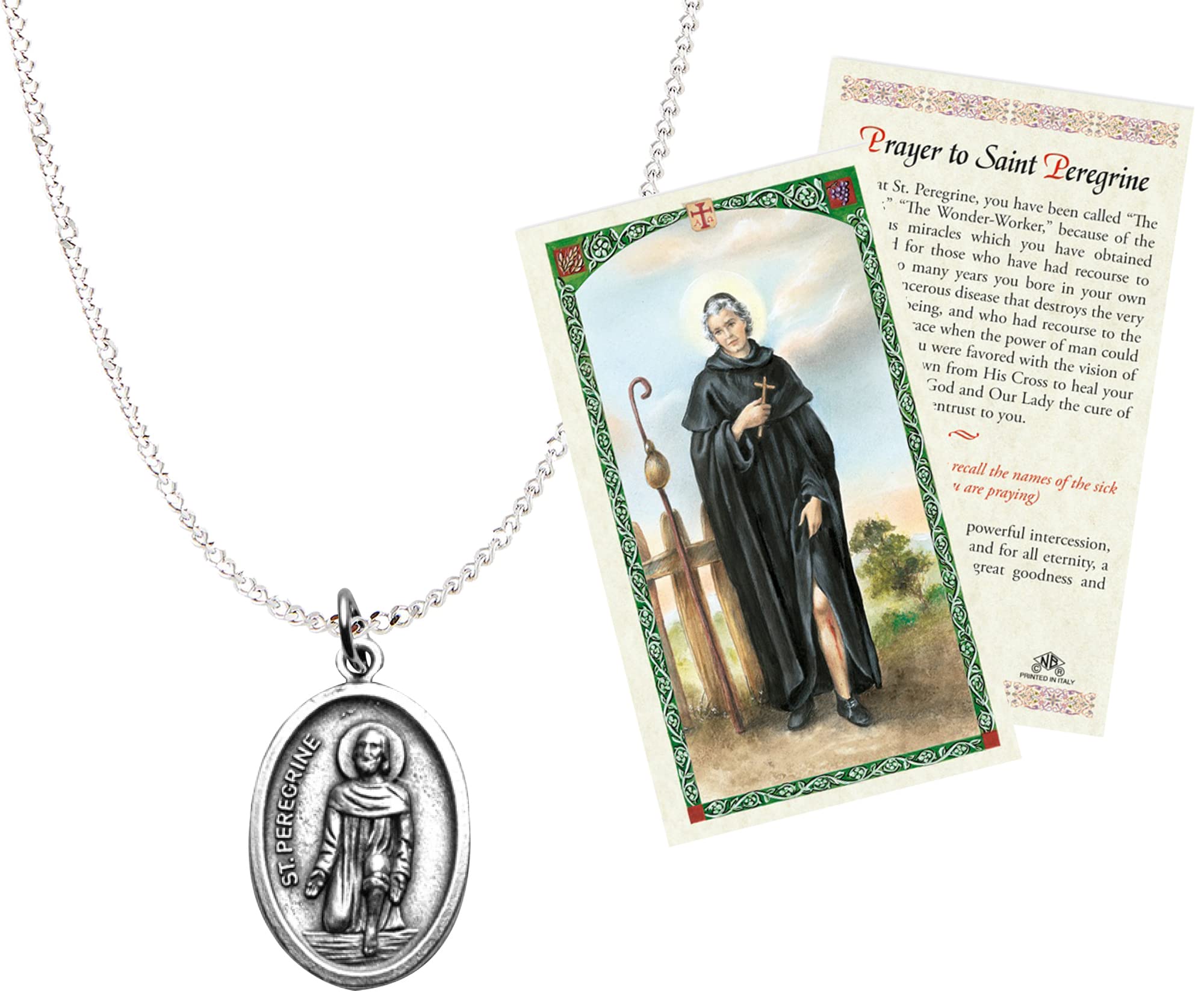 Trendzeen St Peregrine Necklace - Saint Peregrine Medal, St Peregrine Prayer Card | Saint Peregrine Laziosi Cancer Prayer Medal | St Peregrine Patron Saint Of Cancer Patients Set of 2 Items, Oxidized