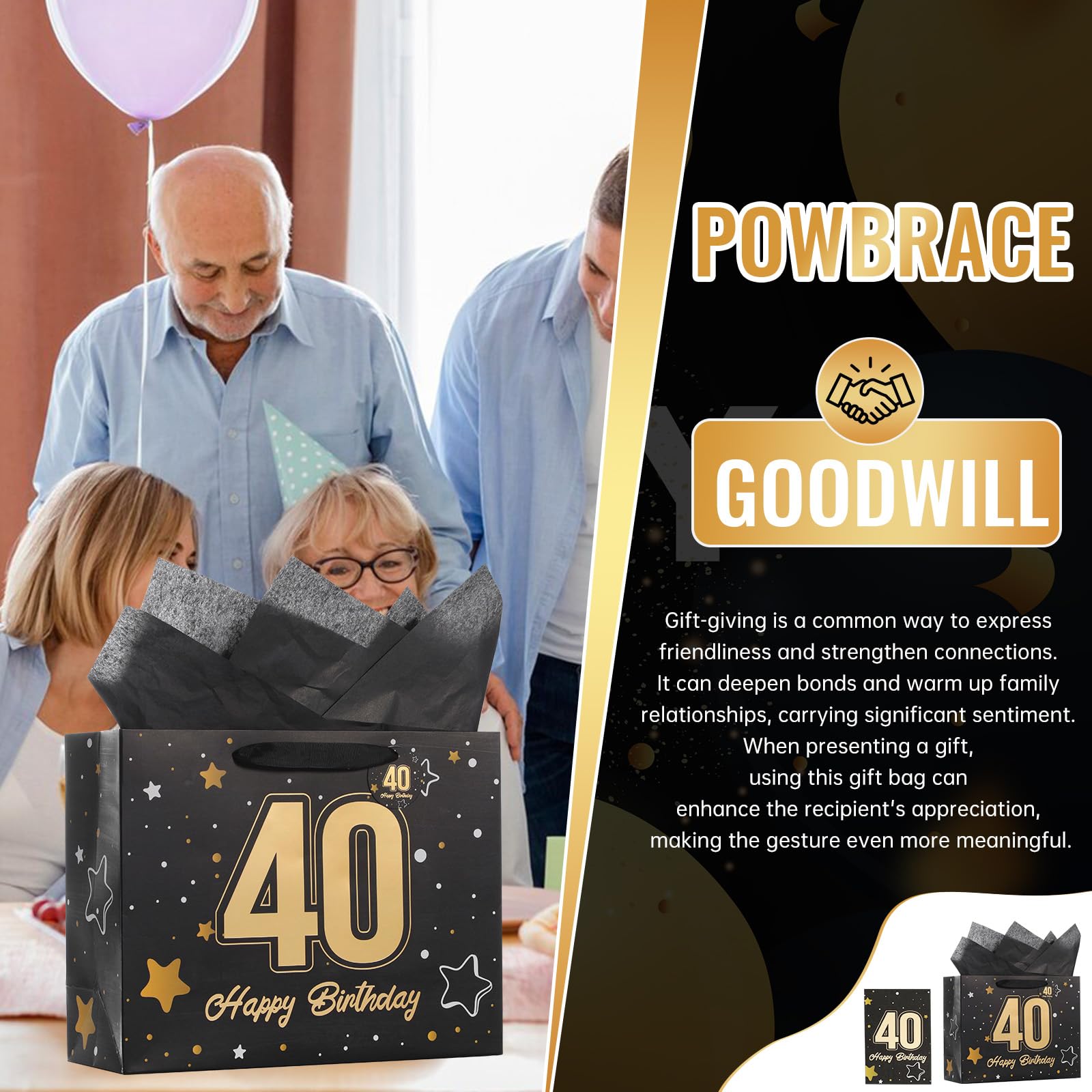 Powbrace 33 cm Geburtstagsgeschenktüte mit Seidenpapier und Karte (Schwarz zum 40. Geburtstag)