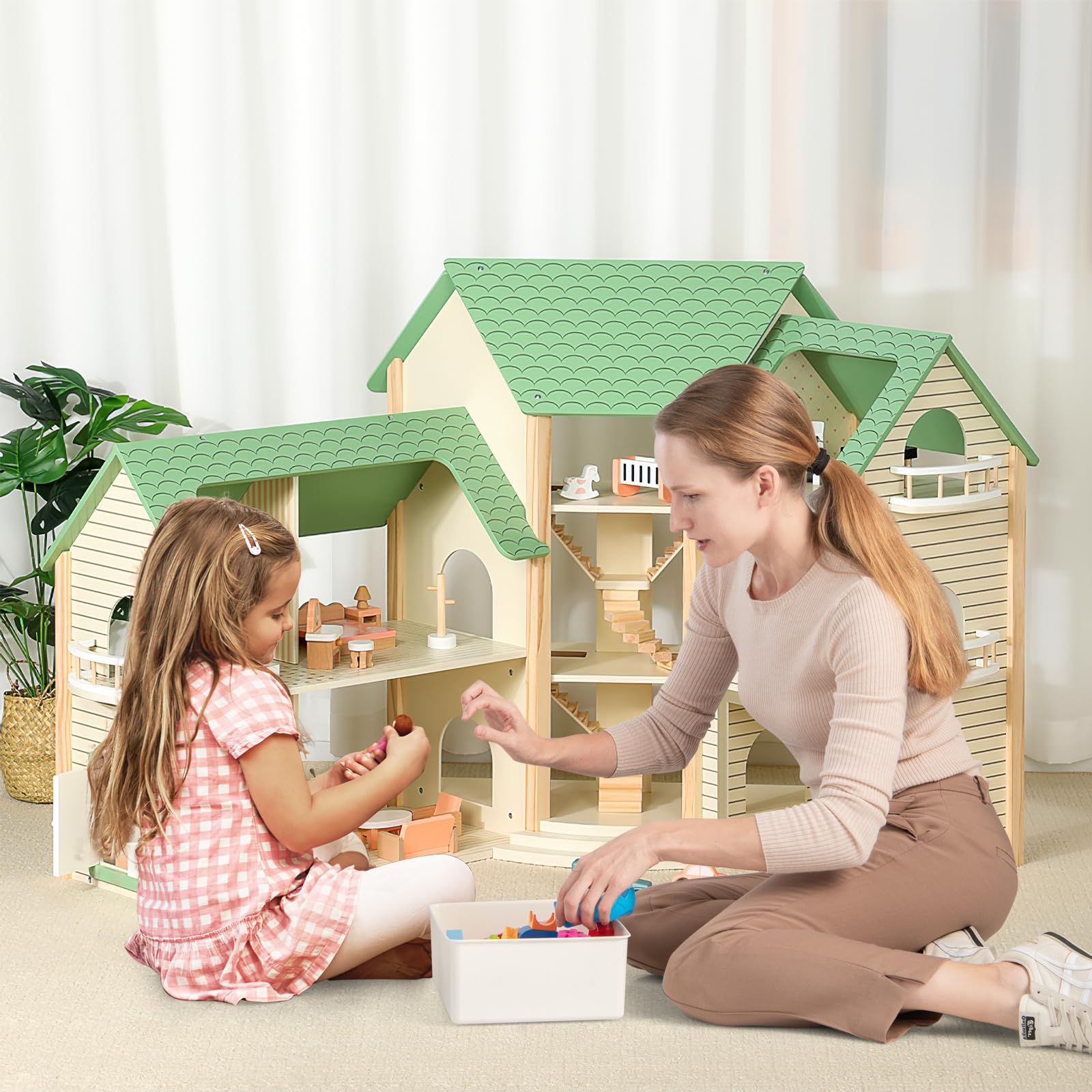 GOPLUS Puppenhaus aus Holz, Dollhouse mit 36-teiligem Zubehör, Traumhaus mit 6 Zimmern, eingebauten Treppen & Balkonen & Garage mit 2 Spielzeugautos für Mädchen ab 3 Jahren (Model 1)