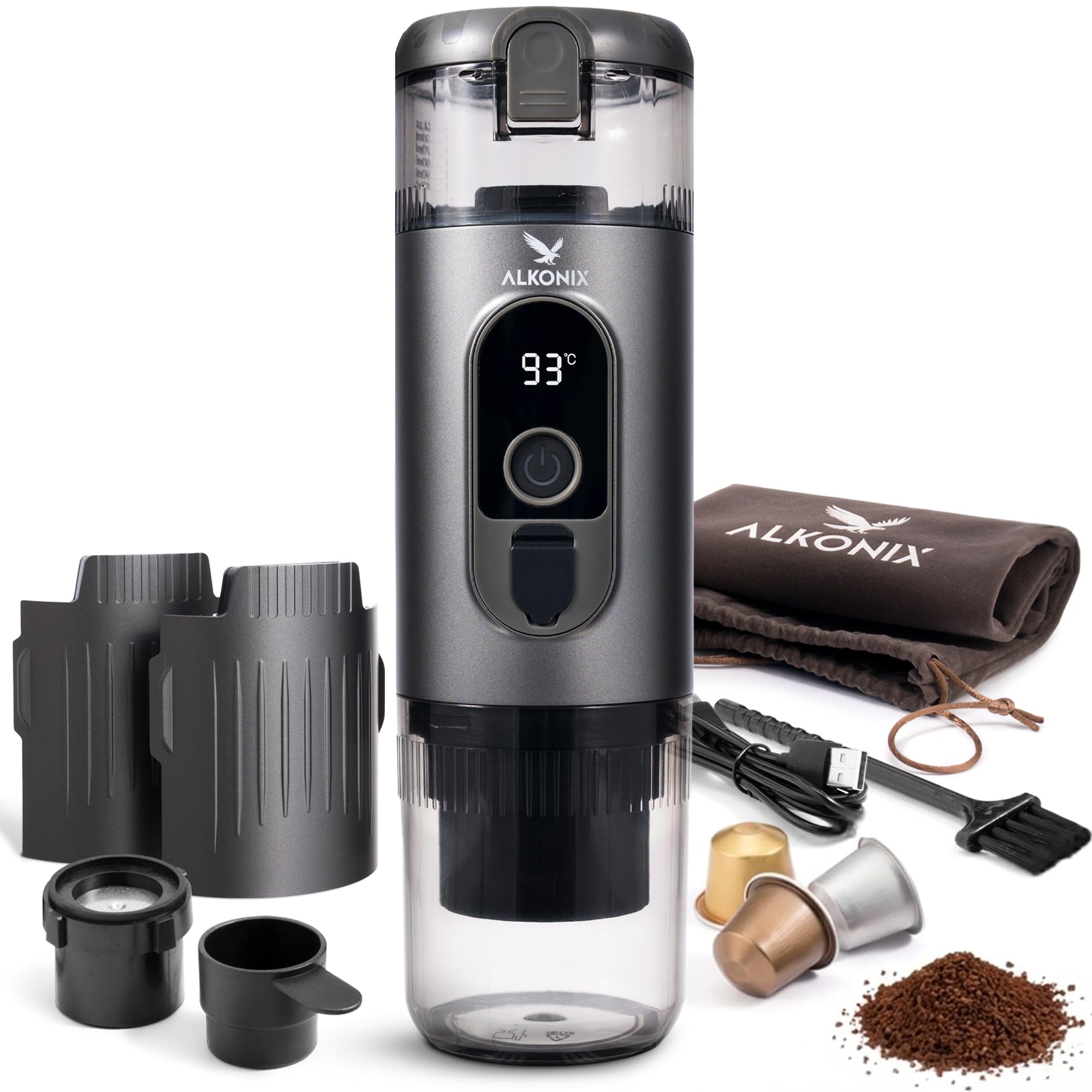 Machine à Café Portable USB-C – Cafetière Nomade Espresso Rechargeable avec 2 Batteries Amovibles – Compatible Capsules Standards & Café Moulu – Chauffe Intégrée (Gris)