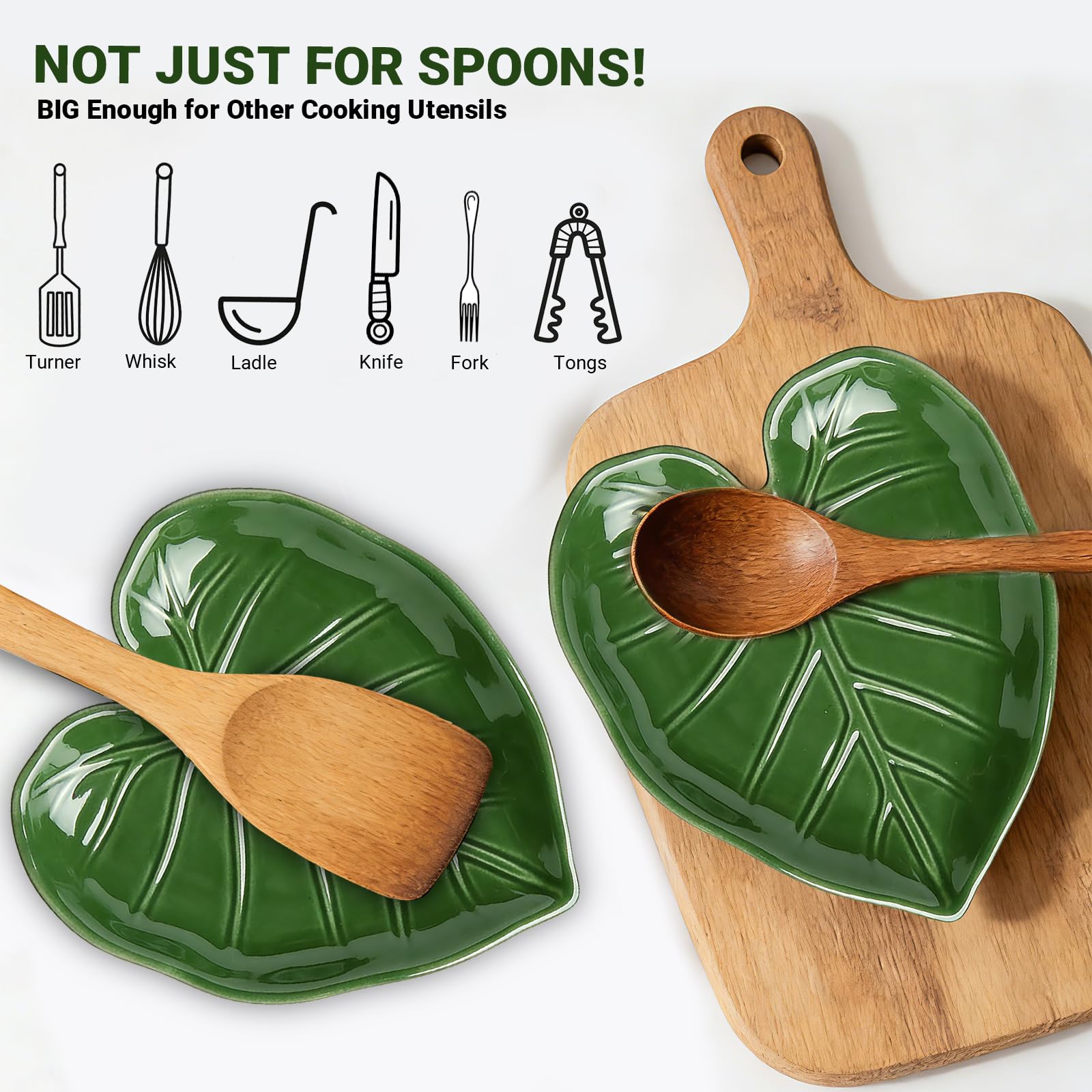 Cute Leaf Ceramic Spoon Rest, Keeps Counters Clean, for Stove Top and Kitchen Counter, Decorative Green Spoon Holder, Kitchen Decor Gift