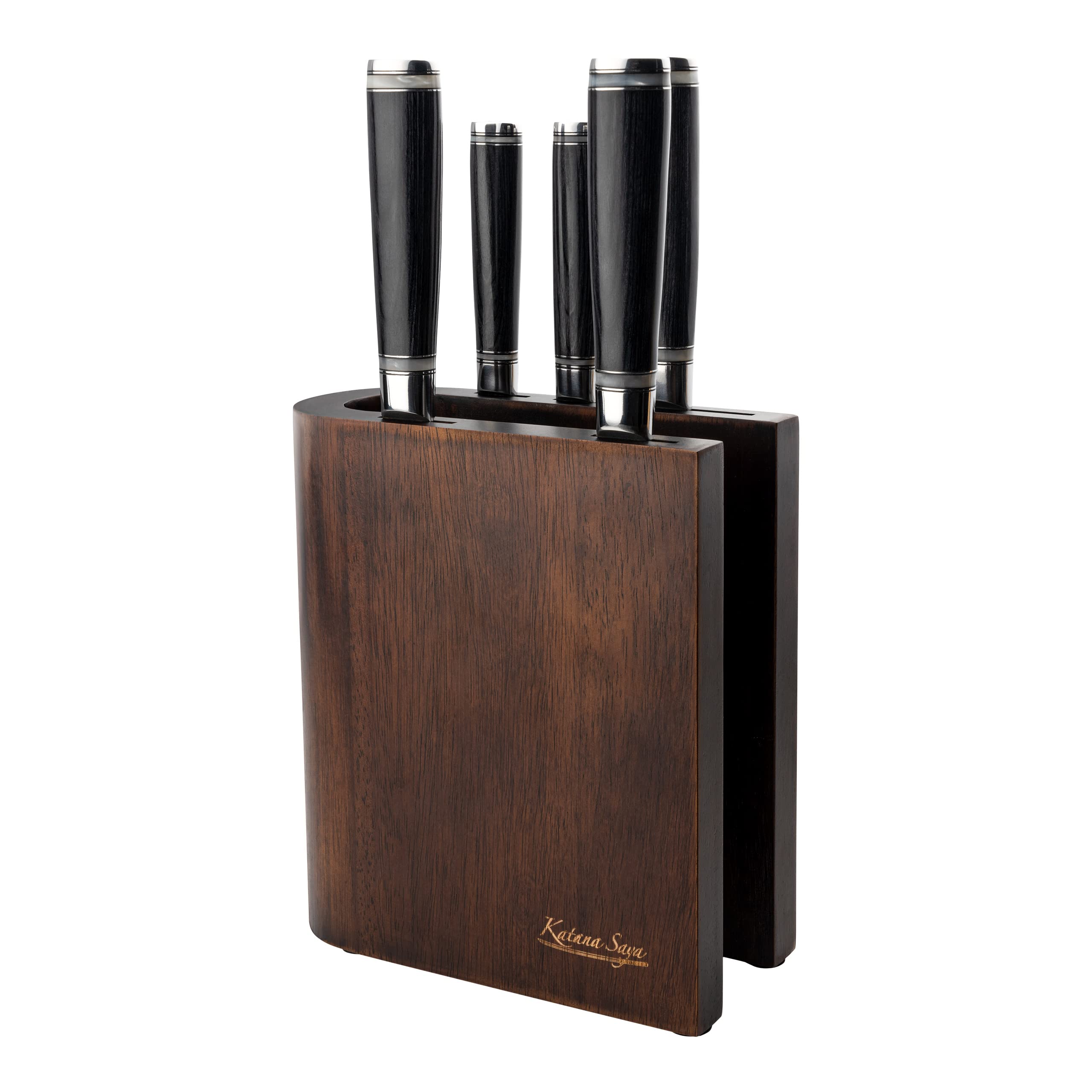 Katana Saya Pakkawood 6 Piece Knife Block Set, Chef's, Carving, Bread, Utility And Paring Knives, Block, Japanese 67-Layer Vg-10 Damascus Stainless Steel, Black Handle Kitchen Knife Set