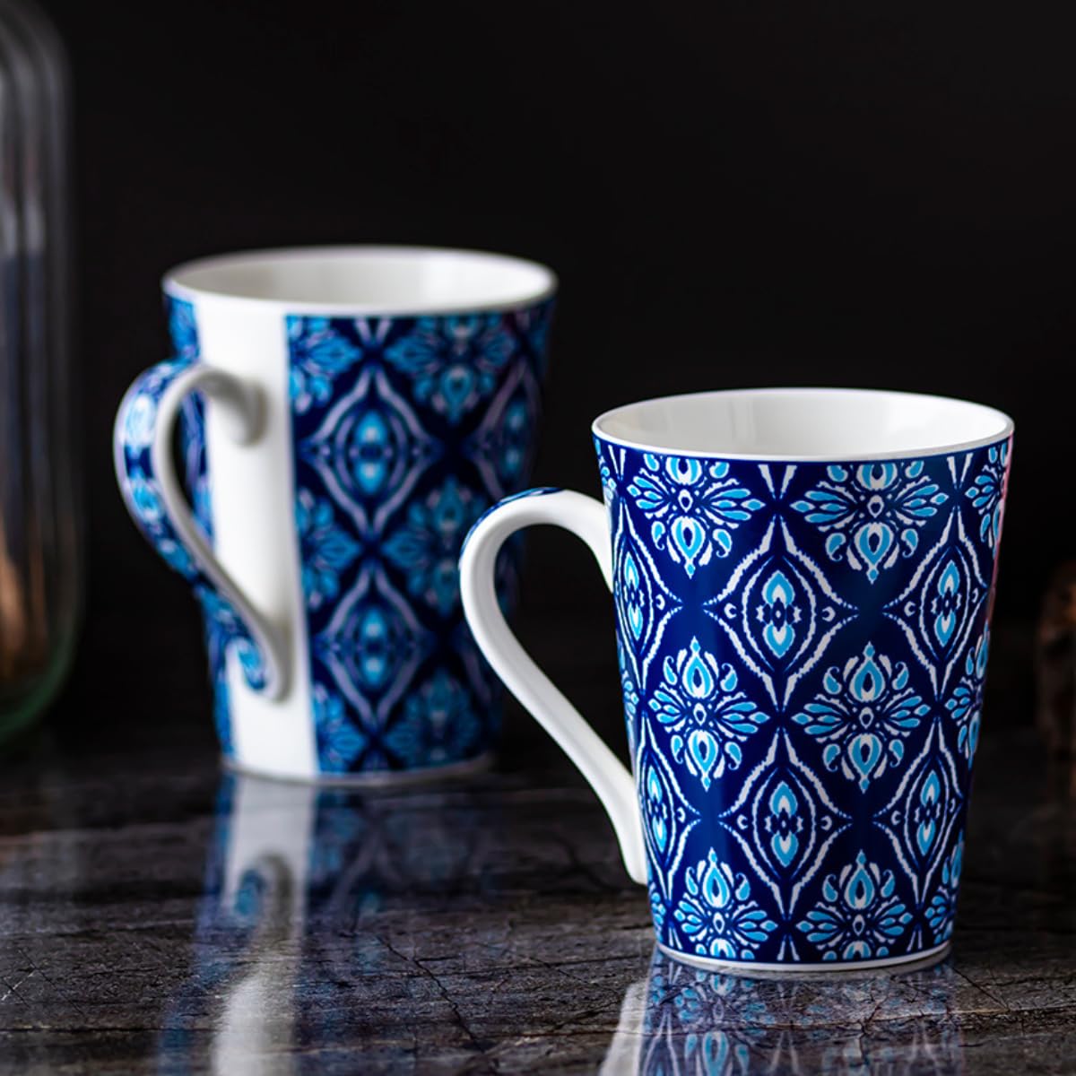 GOLDEN QUEEN'S Mugs Set of 2 for Coffee, Tea, Milk - Ideal for Your Daily Beverage Ritual, Hosting & Casual Gatherings | 300ML | Micorwave Safe - Blue Ikat Mugs