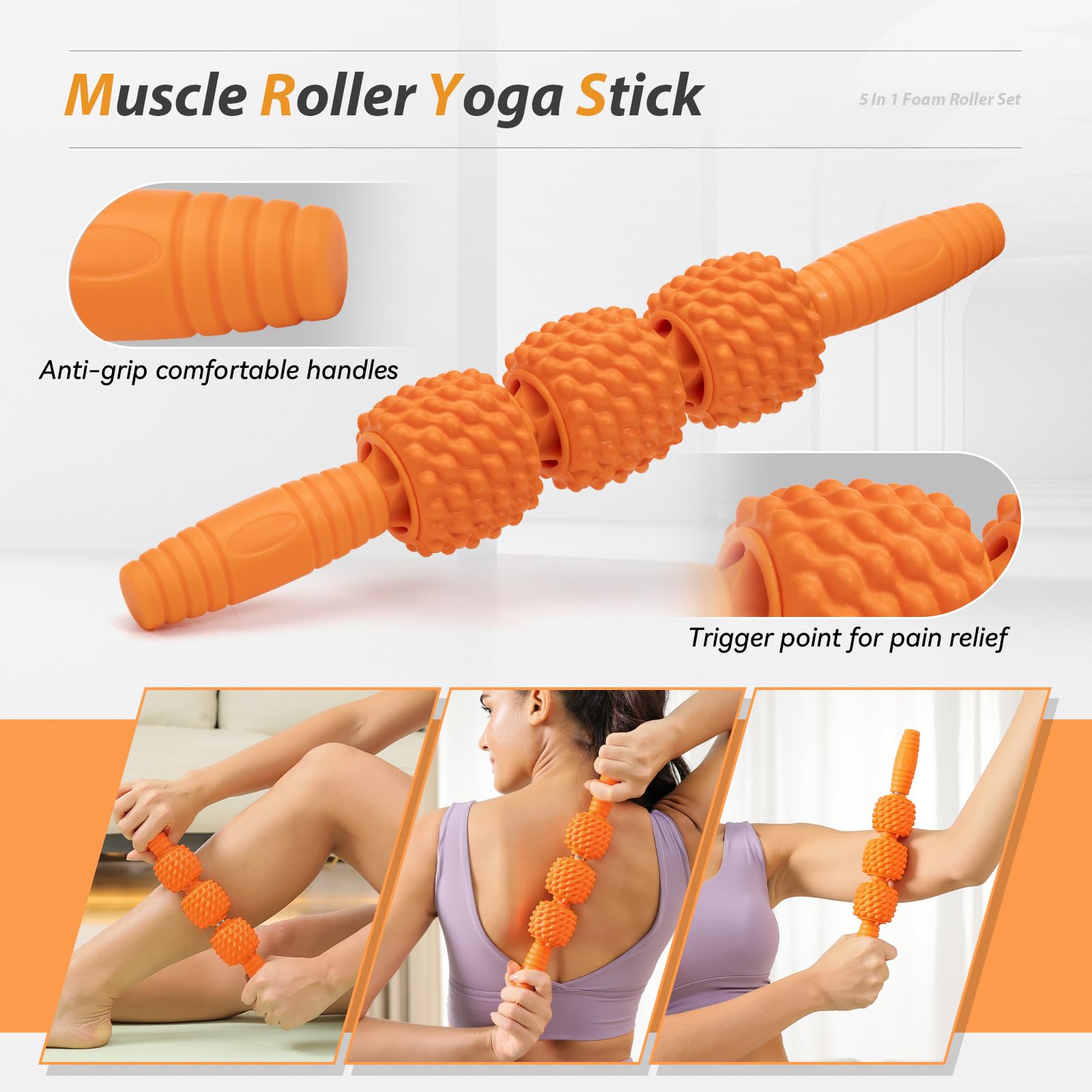 5 in 1 Foam Roller Set für Tiefengewebe-Muskelmassage, Mediem Density Rückenrolle, Triggerpunkt Fitness Übung Foam Roller, Massageroller, Massageball, Dehnungsgurt, für Ganzkörperentlastung