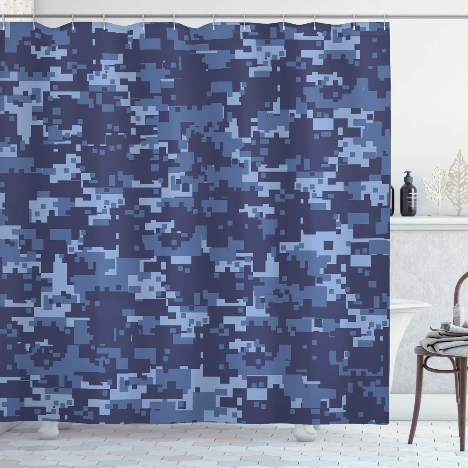 Ambesonne Camo Shower Curtain, Retro Composition of Grunge Camouflage Pattern Print in Modern Blue Tones, Cloth Fabric Bathroom Decor Set with Hooks, 69" W x 84" L, Pale Blue and Dark Blue