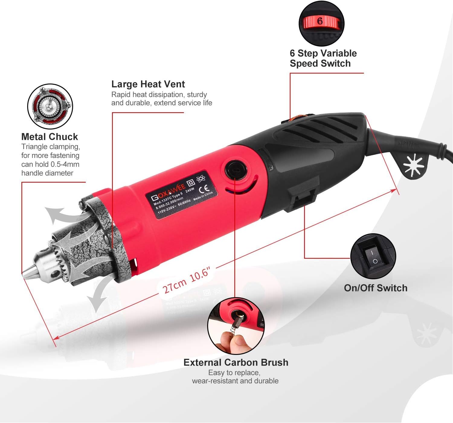 240W Rotary Tool Set, GOXAWEE Power Die Grinder Set with 1/4 Inch 3-Jaw Chuck (0.5-4 mm), 6 Step Variable Speed, Advanced Flex Shaft & 82Pcs Multifunctional Accessories for DIY Projects