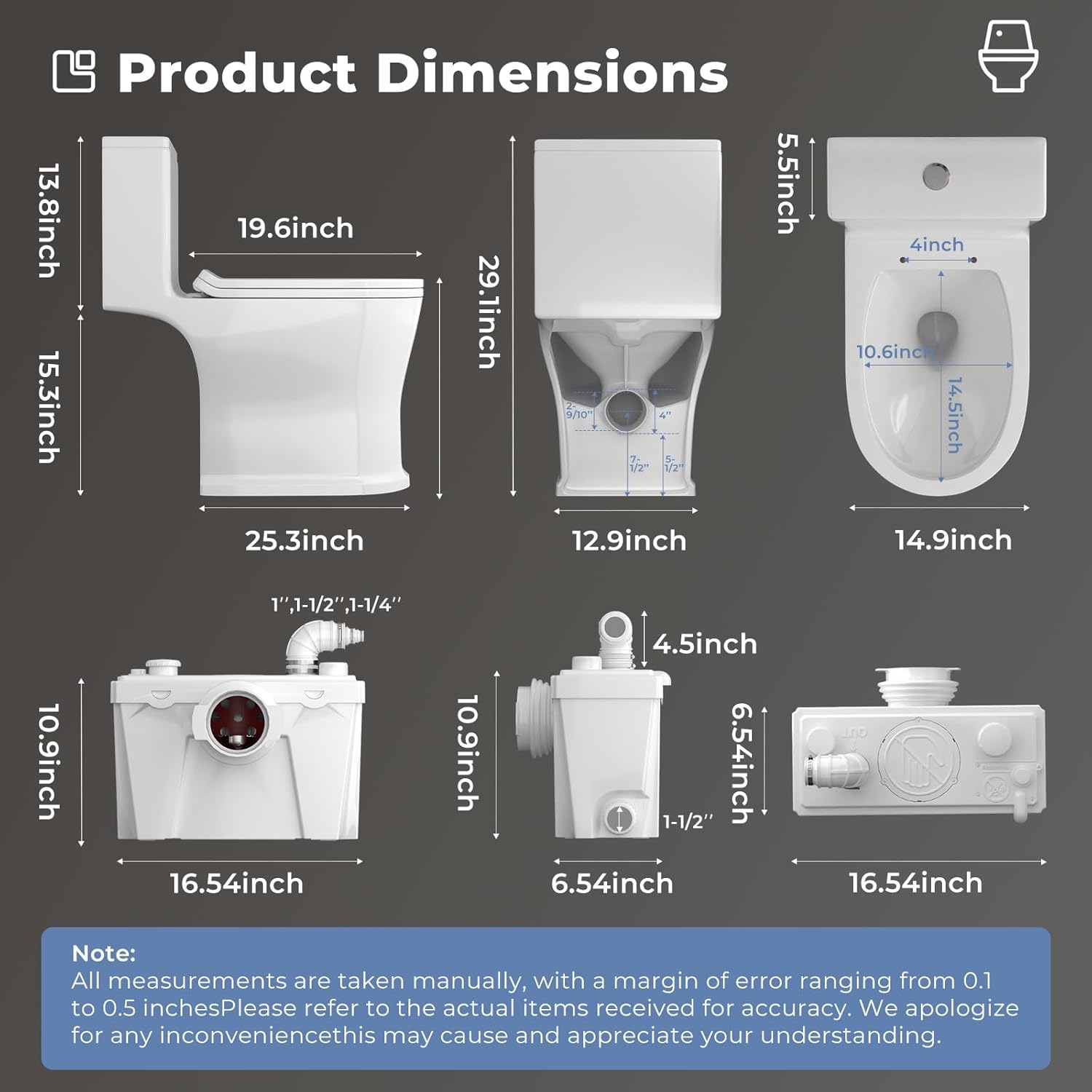 Upflush Toilet with Pump for Basement, Macerating Toilet Pump Kit, Durable Copper Motor, 4 Inlets for Sink/Shower/Laundry, One Piece Full Skirt Toilet, Quiet Operation for Household/Domestic Use