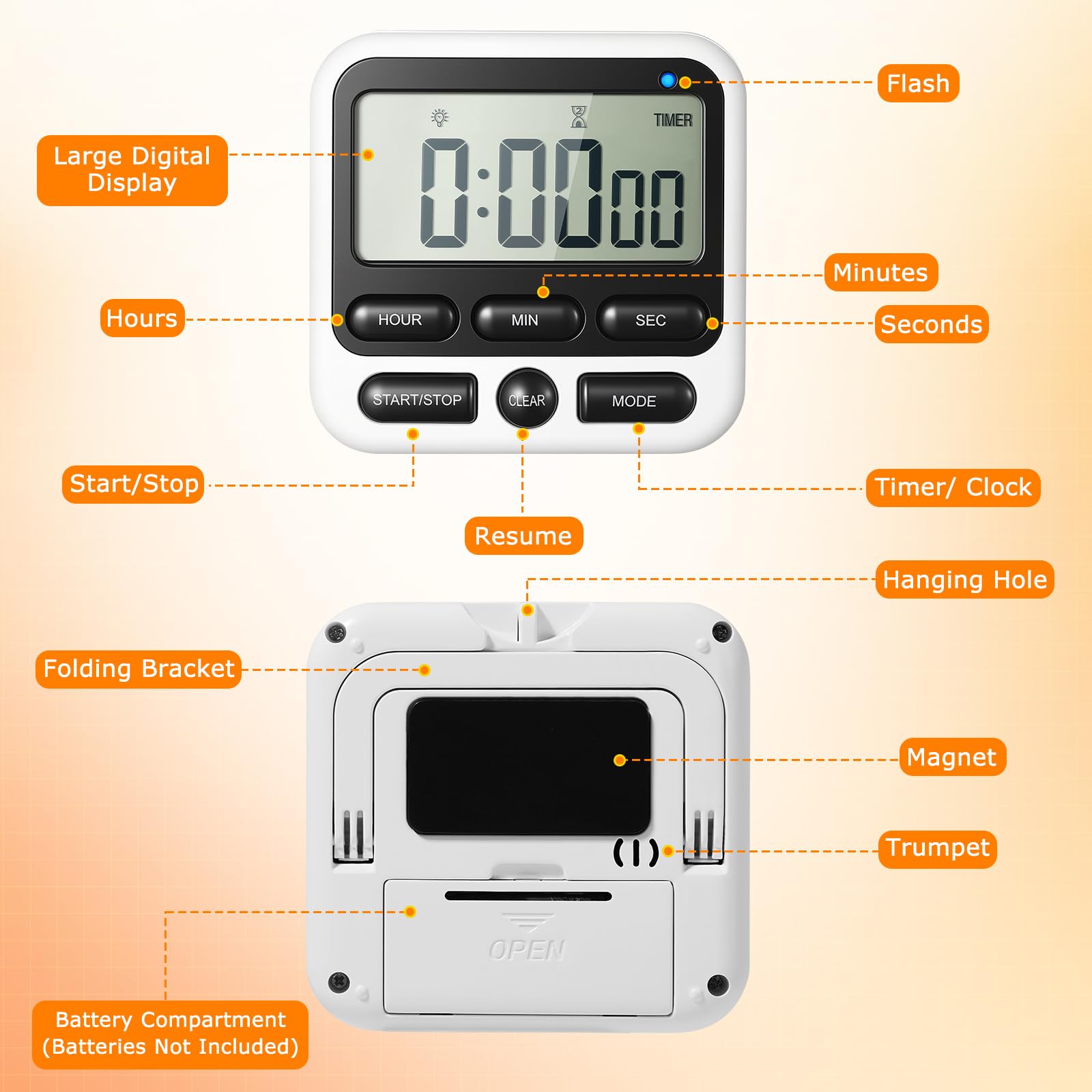 Lot de 12 minuteurs numériques silencieux, clignotants et puissants, compte haut/bas magnétique avec grand écran LCD pour la cuisine, la pâtisserie, l'enseignement