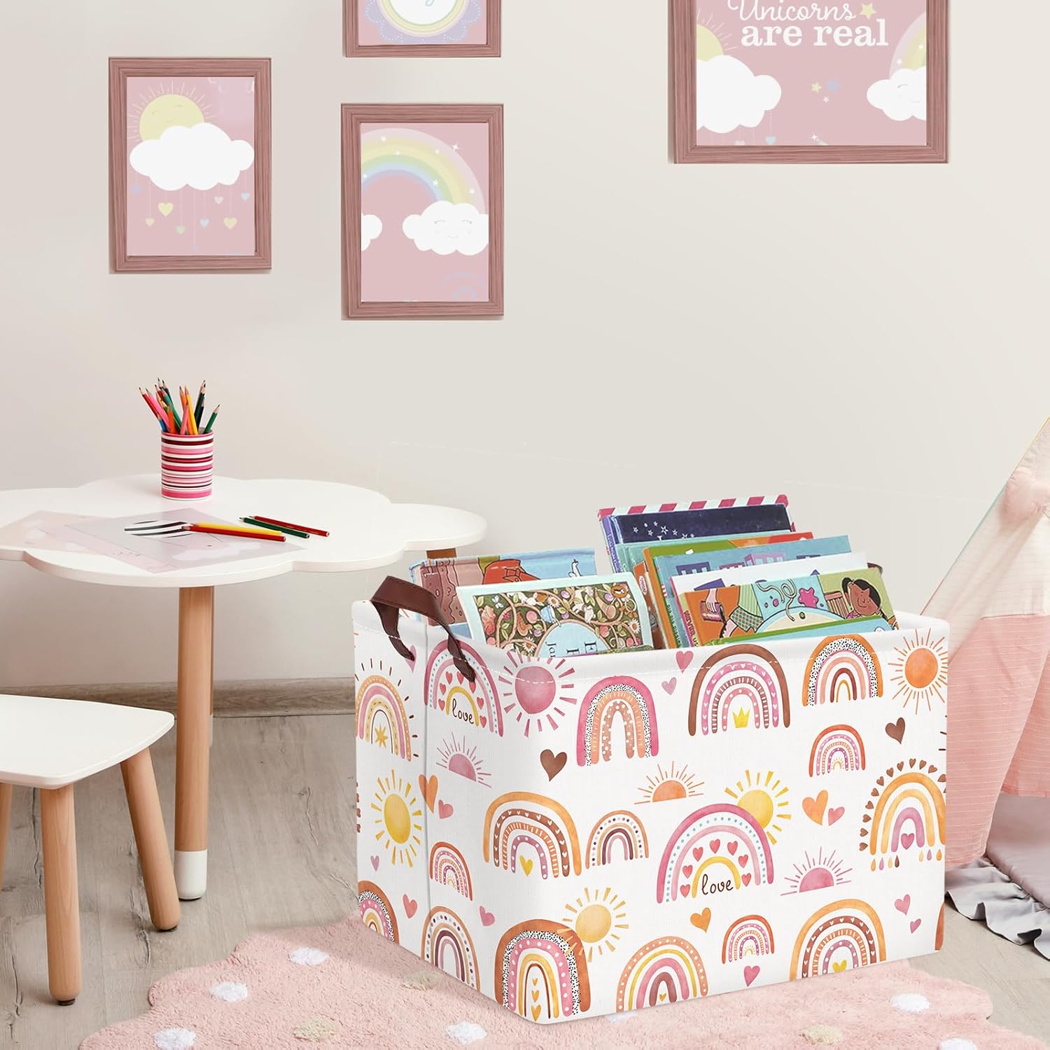 Clastyle Rectangular Boho Rainbow Storage Basket Pink Purple Sun Heart Girl Clothes Hamper Toy Book Shelf Basket for Kid Room Decor Kindergarten