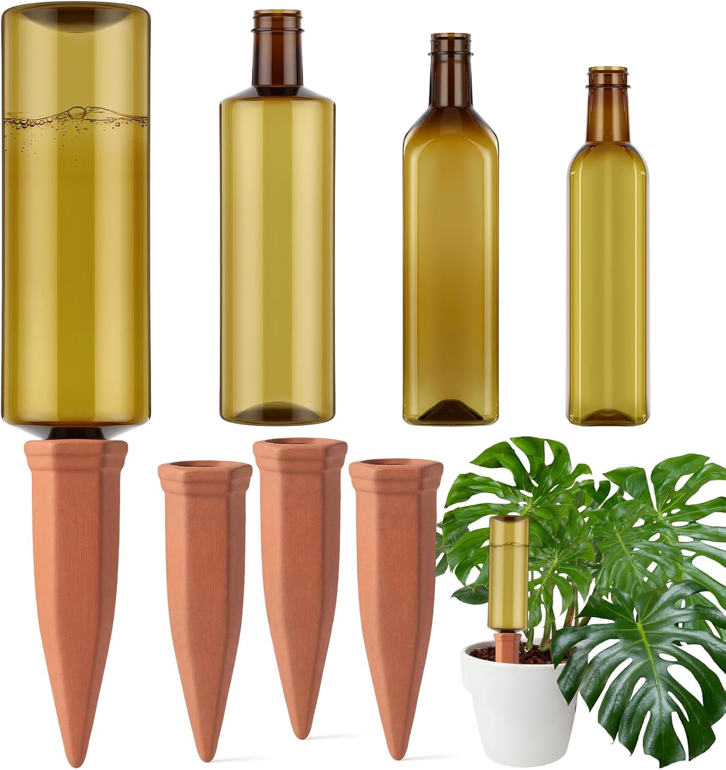 6 Pcs 17oz 25oz 34oz Plant Watering Devices 3 Terracotta Self Watering Spikes 3 Plastic Bottles Slow Release Vacation Planter Insert Automatic Water System for Indoor Outdoor Potted Plant