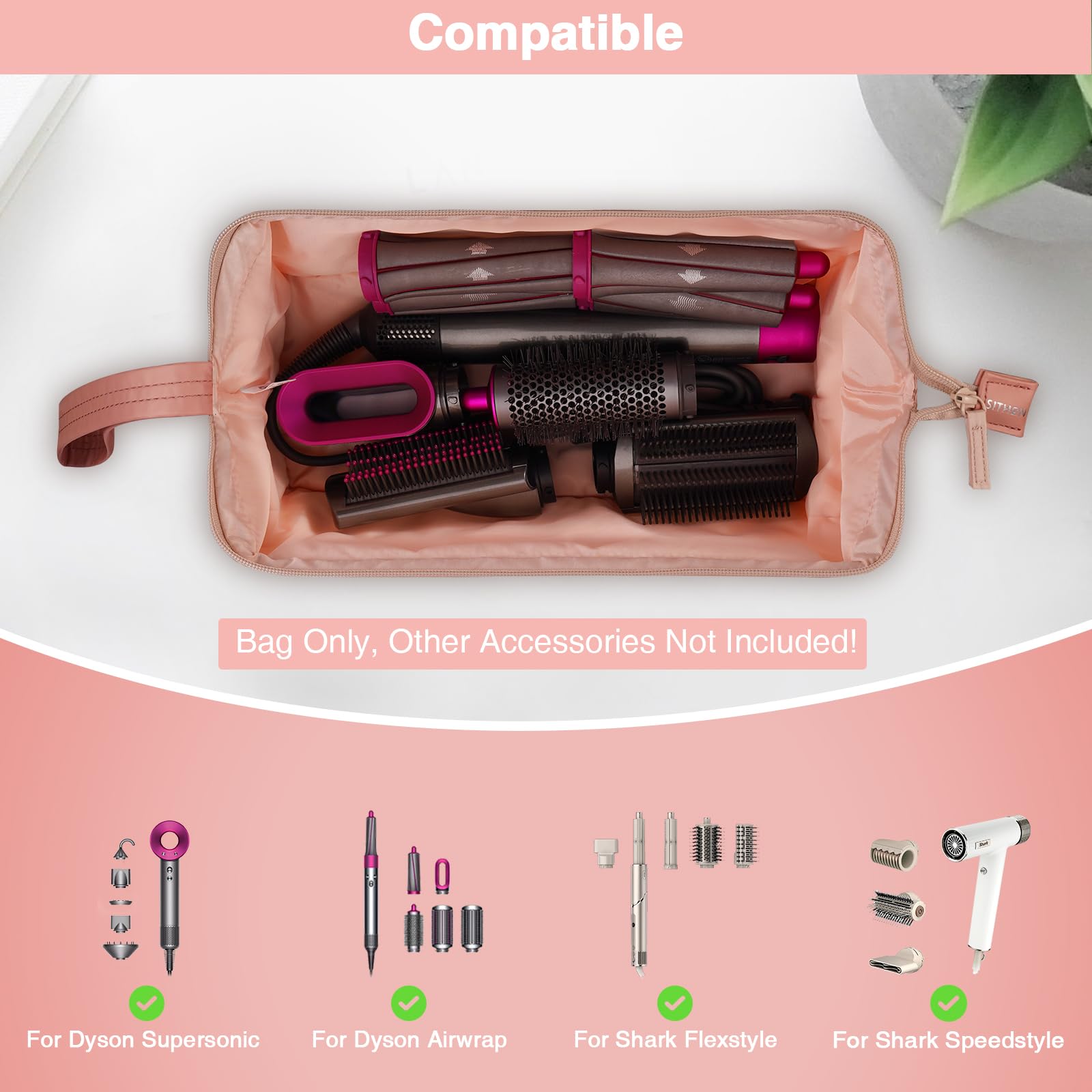 SITHON Travel Case Compatible with Airwrap/Shark FlexStyle SpeedStyle, Water Resistant Double Layer Storage Carrying Organizer Bag w/Widely Opening for Dyson Supersonic (Bag Only) (Rose Gold)