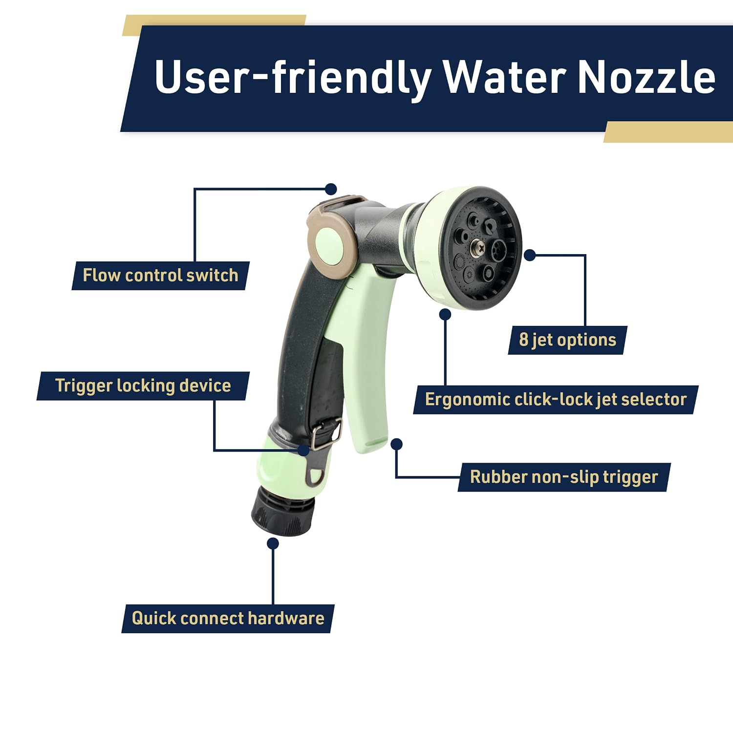 Garden Hose Nozzle Sprayer - Italian Made Heavy Duty Water Hose Nozzle with 8 Adjustable Spray Patterns and Quick Connector - Recycled Plastic Garden Sprayer by Kings County Tools (Mint/Black)