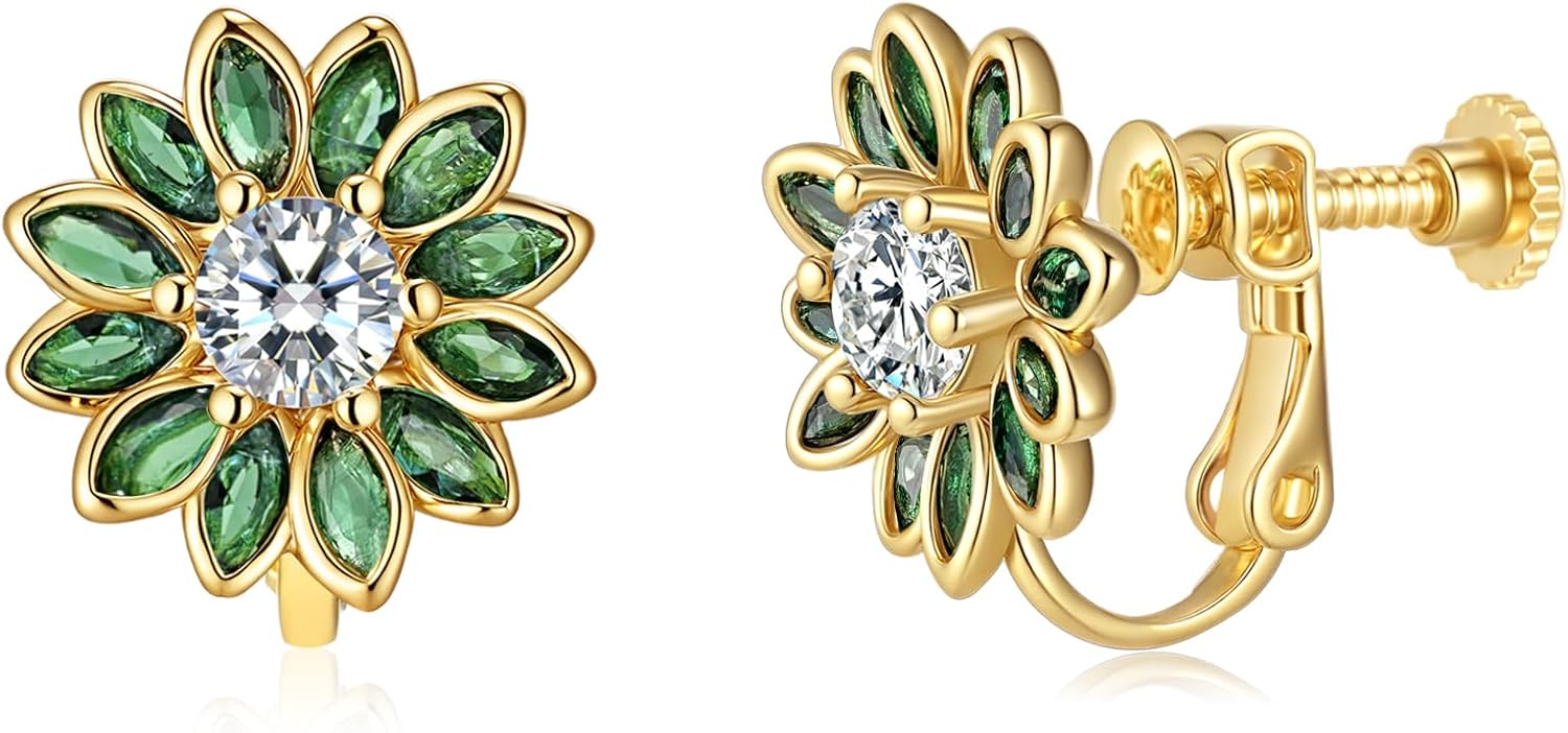 EVEVIC Austrian Crystal Flower Clip on Earrings for Women Trendy,14K Gold Plated Hypoallergenic Non Pierced Sunflower Earrings Jewelry Gift