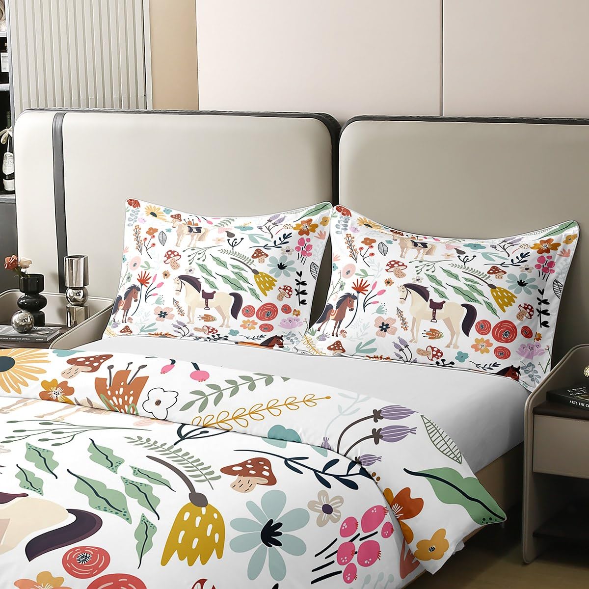 Caballo 100% algodón para hombre y mujer, funda nórdica, cómoda para mujer, color blanco, marrón, caballo, ropa de cama, diseño de flores coloridas, setas, 240 x 260 transpirable