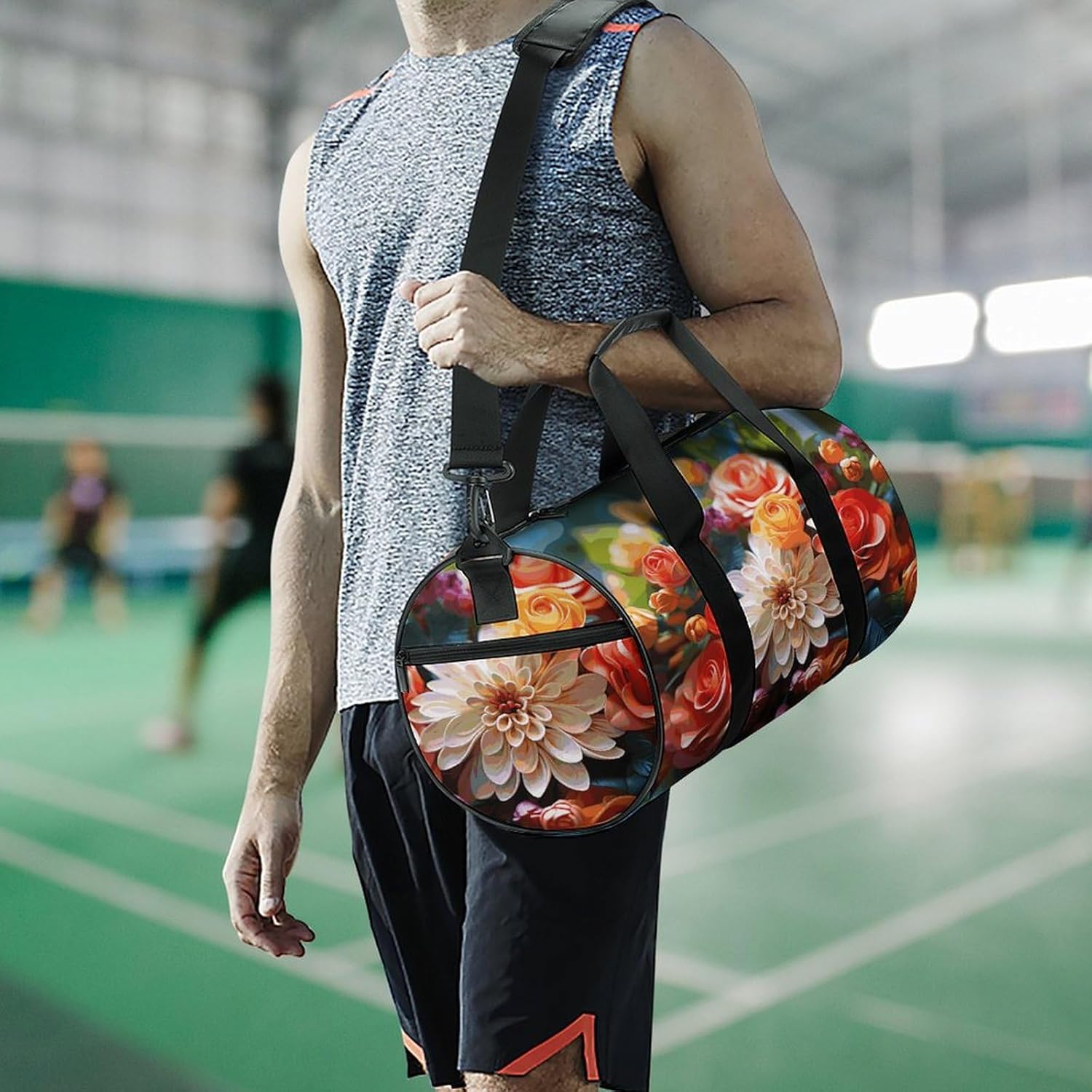 Aesthetic Sports Bag for Women Color Flowers Printed Duffle Travel Bag for Men Women Mini Workout Bags Cylindrical Gym Bag
