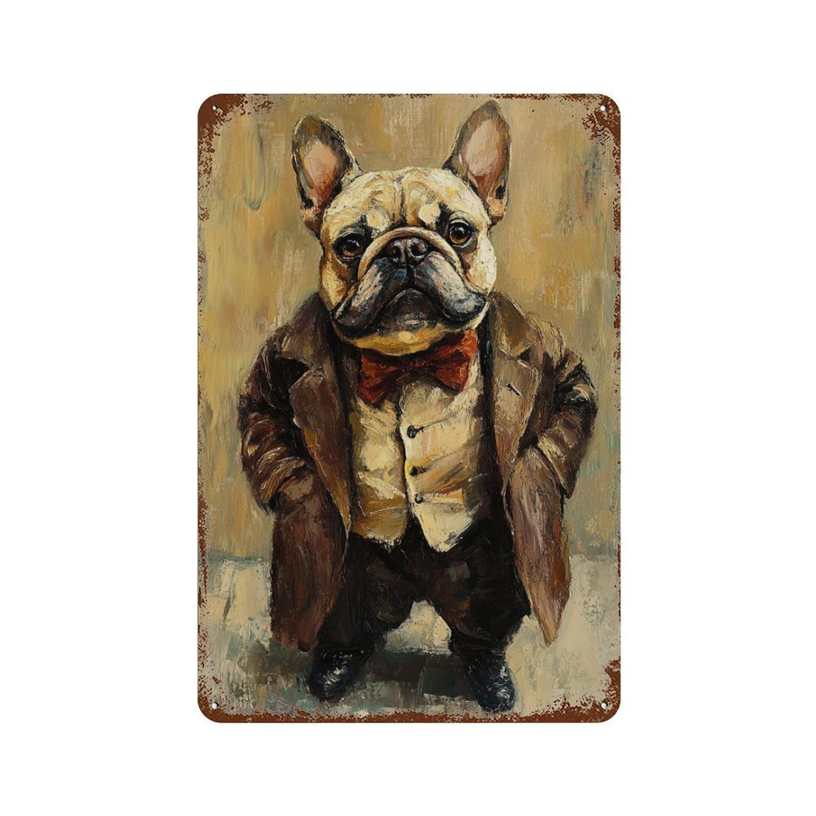 Vintage Rust Metal Sign French Bulldog in Suit Painting 11.8"x7.9", Novelty Wall Decor for Office, Studio And Wall Decor