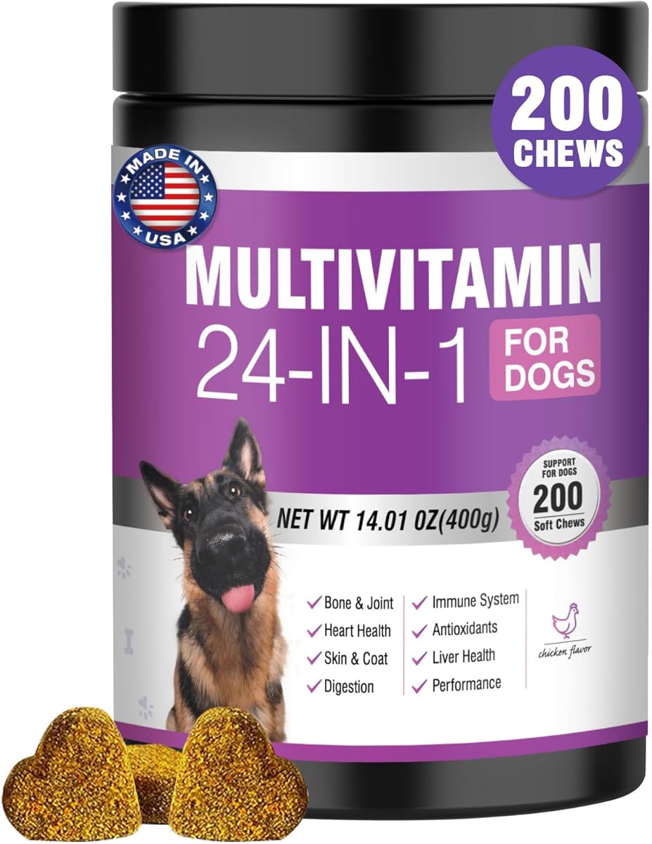 24-in-1 Dog Vitamins and Supplements 200 Ct Dogs Multivitamin Chewable Contain Chondroitin Probiotics Omega-3 Glucosamine for Dogs Skin Coat Heart Joint Gut Digestion Liver Brain Eyes Immune Support
