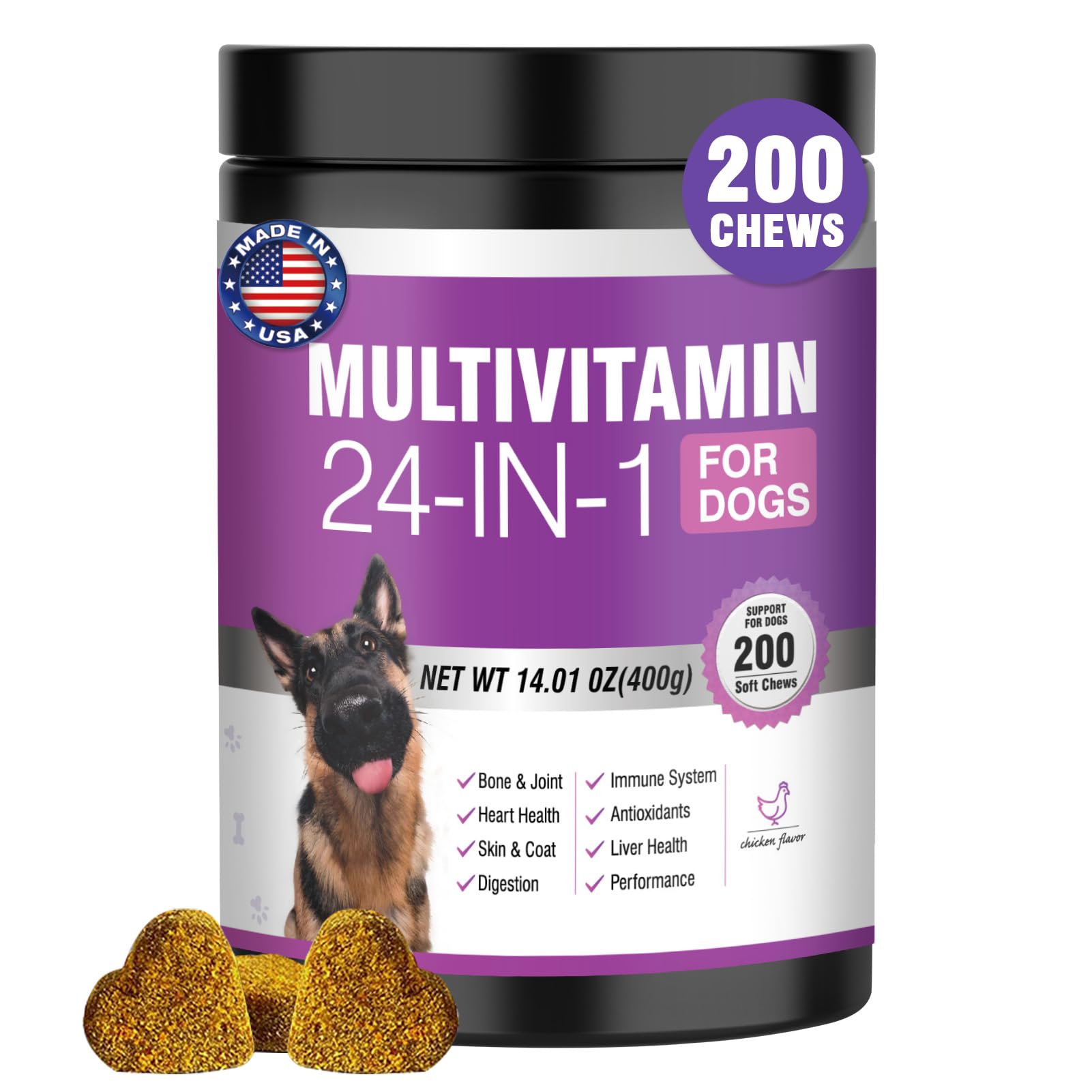 24-in-1 Dog Vitamins and Supplements 200 Ct Dogs Multivitamin Chewable Contain Chondroitin Probiotics Omega-3 Glucosamine for Dogs Skin Coat Heart Joint Gut Liver Brain Eyes Immune Support - Chicken