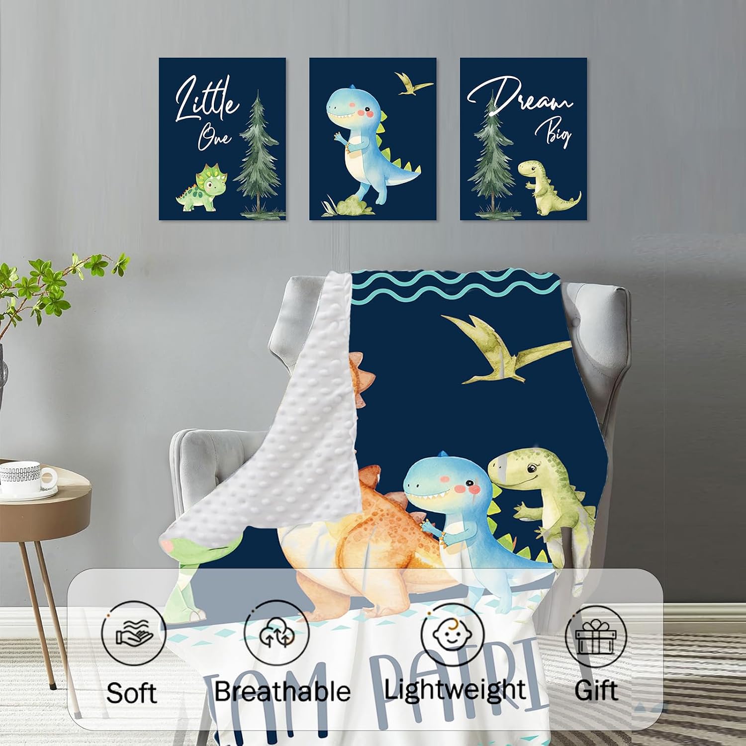 Custom Baby Crib Bedding Set, 5 Pcs Personalized Name Baby Crib Sheets for Kid Toddler Infant, Dark Blue Cartoon Dinosaurs Nursery Bedding Set