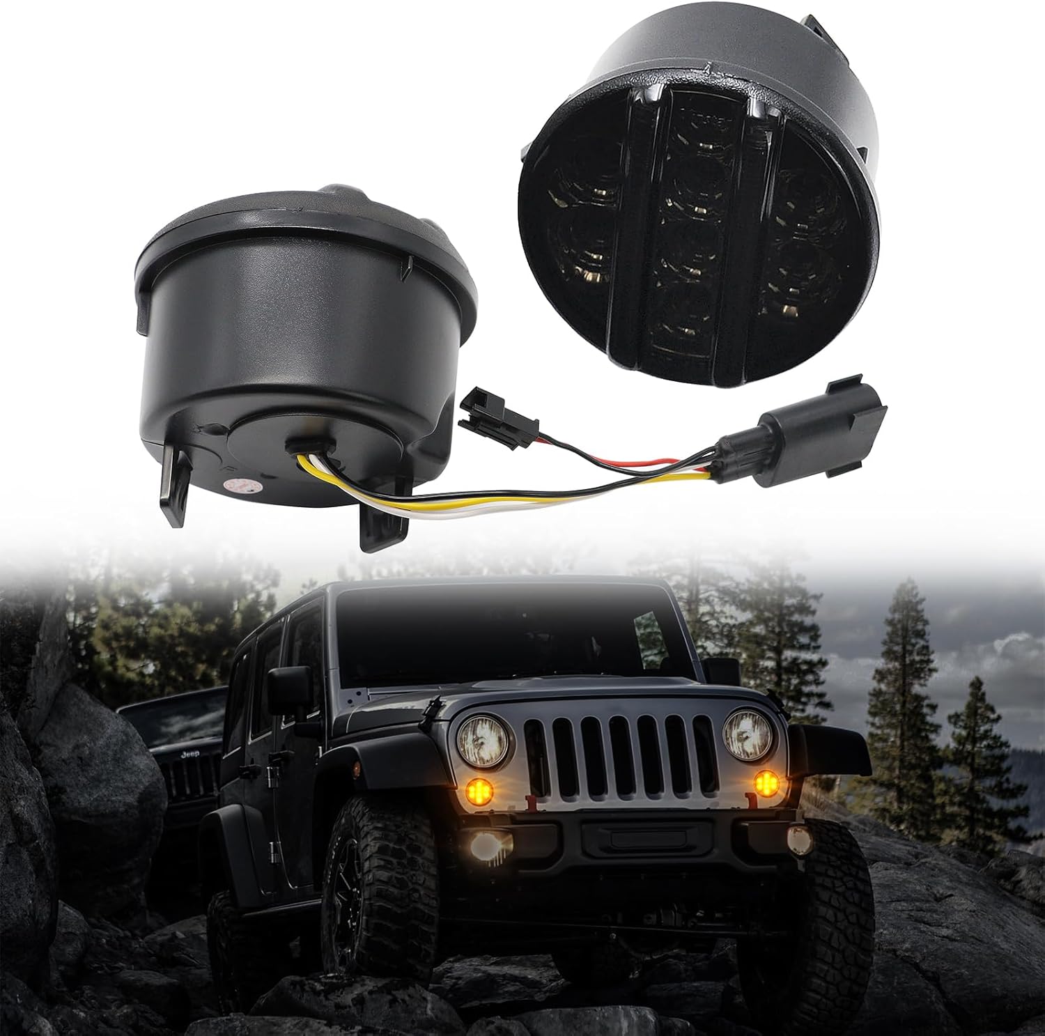 LED Turn Signal Light Compatible with Wrangler JK JKU 2007-2018, DRL Front Grill Indicator Parking Light, Amber Turn Signal Lights White Daytime Running Lamps, Smoked Lens