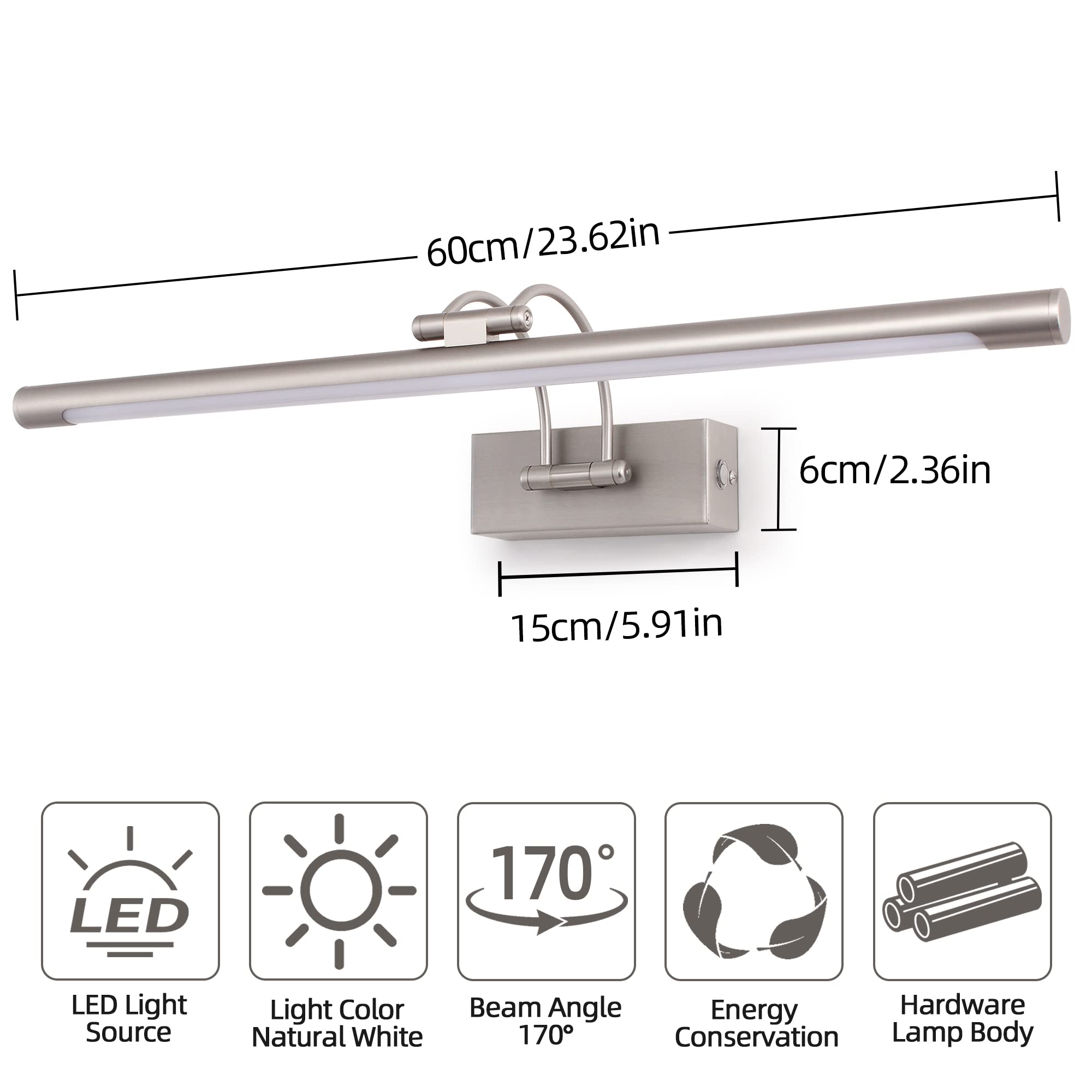 LED Specchio Bagno 60cm 12W 3 Temperatura di Colore Dimmerabile Luce di Immagine LED Dimmerabile Senza Passo con Testa di Lampada Girevole Arco Braccio Specchio Illuminazione Lampada Nichel