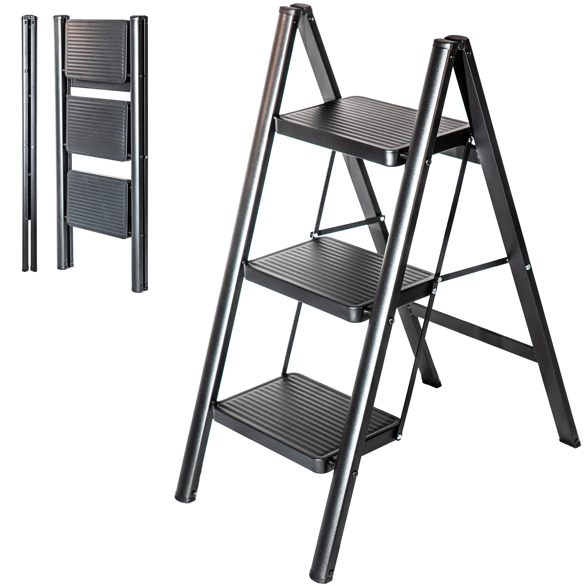 HOSTRÖM Escalera 3 peldaños FOLDPACT3, Taburete Plegable, Diseño ultracompacto, Peldaños Anchos 17,5 cm, Acero, Estante Temporal, Garantía 5 años.