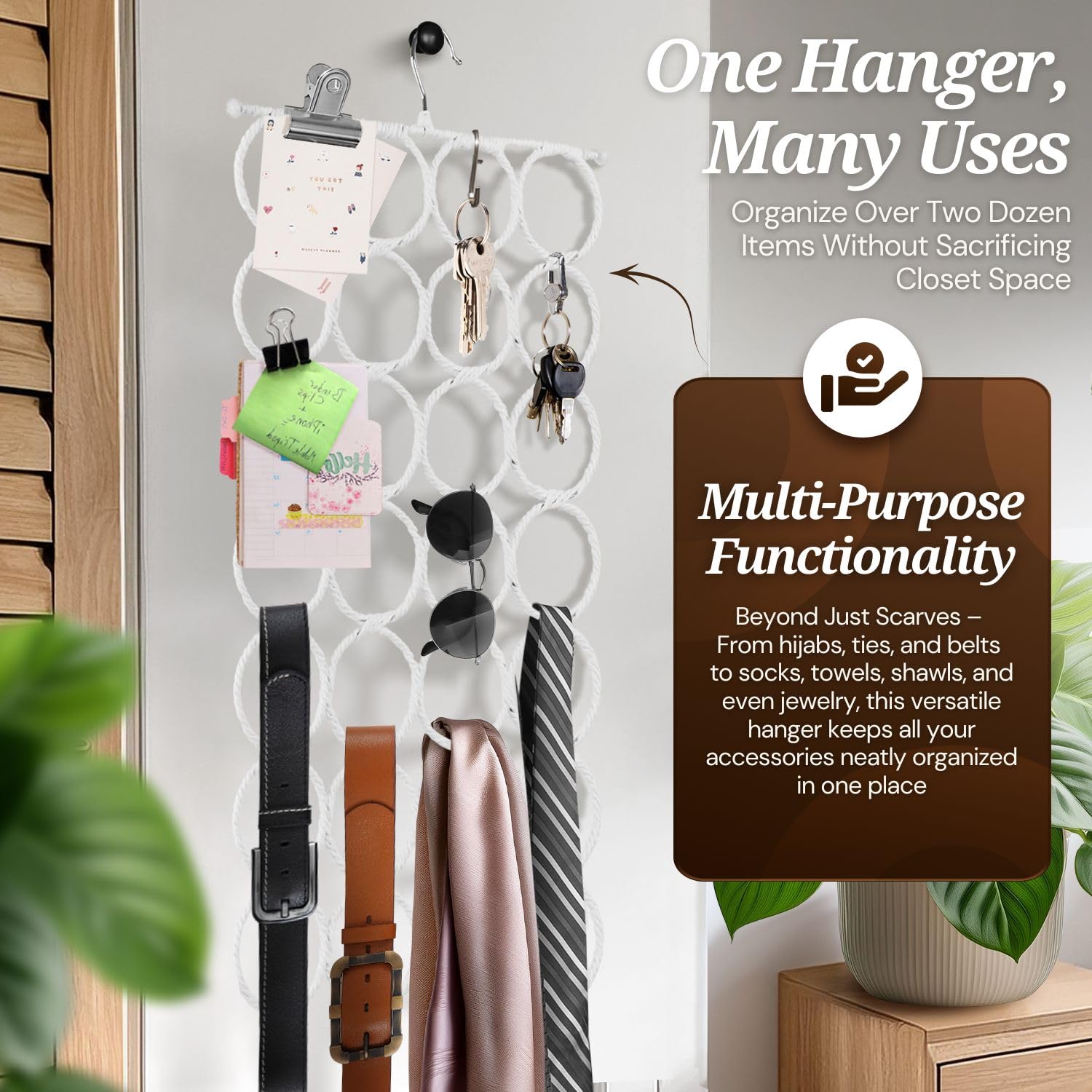 Flexzion Appendiabiti per Sciarpe Hanger - 28 Cerchi/Spazi Attaccapanni Organizer Multifunzionale Anello in Rattan Armadio Grucce Porta Abiti Design Accessori Cravatte Cinture Casa (Bianco)