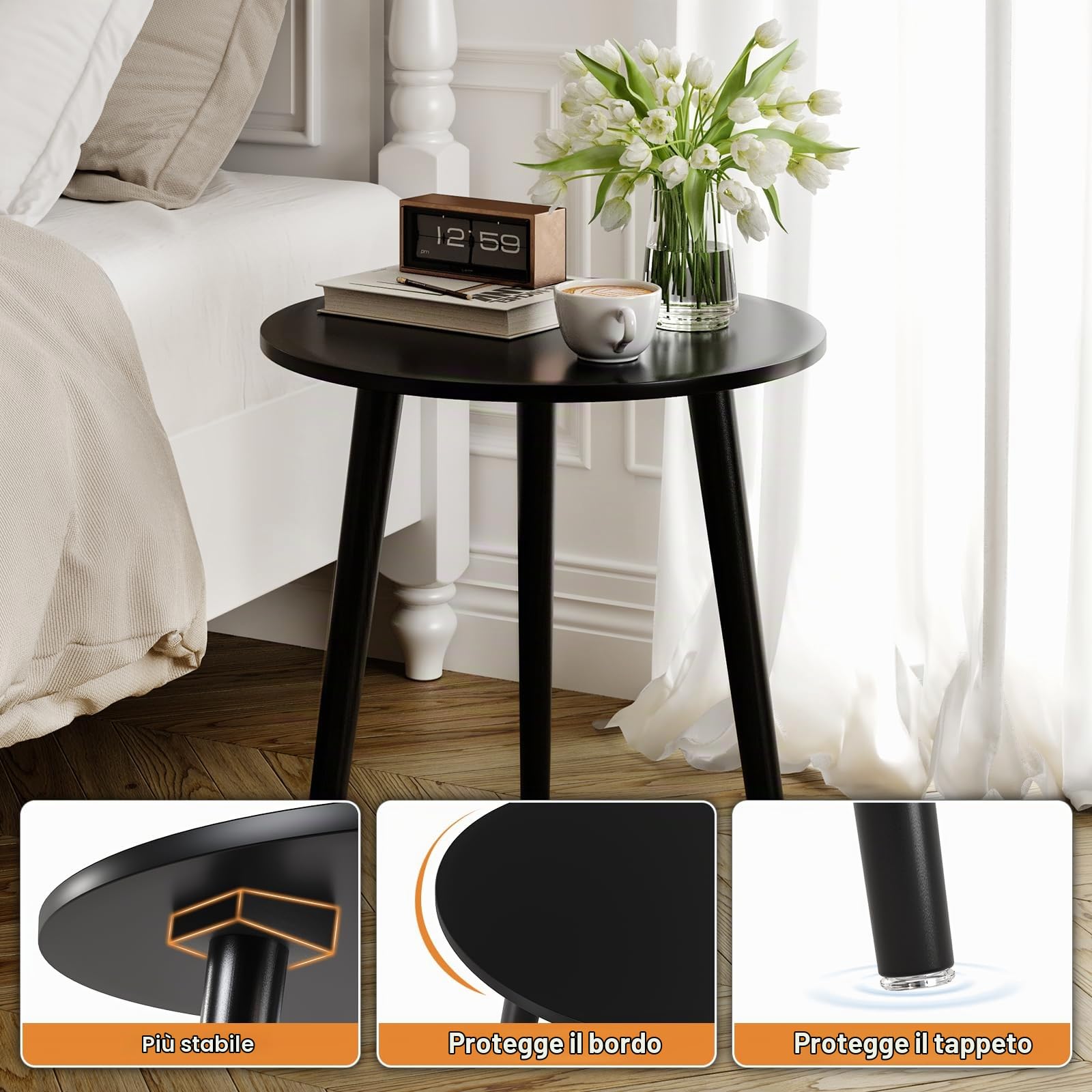 APICIZON Tavolino nero, tavolino rotondo, tavolino per soggiorno, camera da letto, spazio ridotto, comodino in legno, facile da montare, 42(P) x 51(H) cm