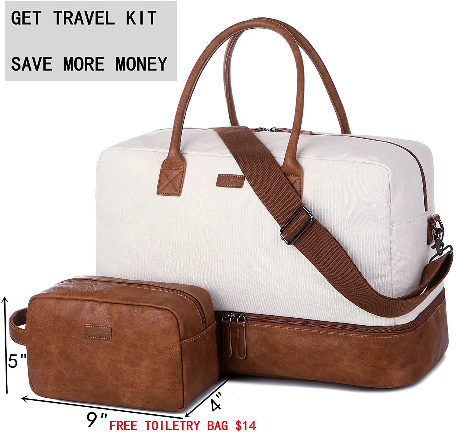 Bolso de mujer para viaje fin de semana, equipaje de mano de lona con compartimento para zapatos y neceser HB-10, blanco/beige, Vintage