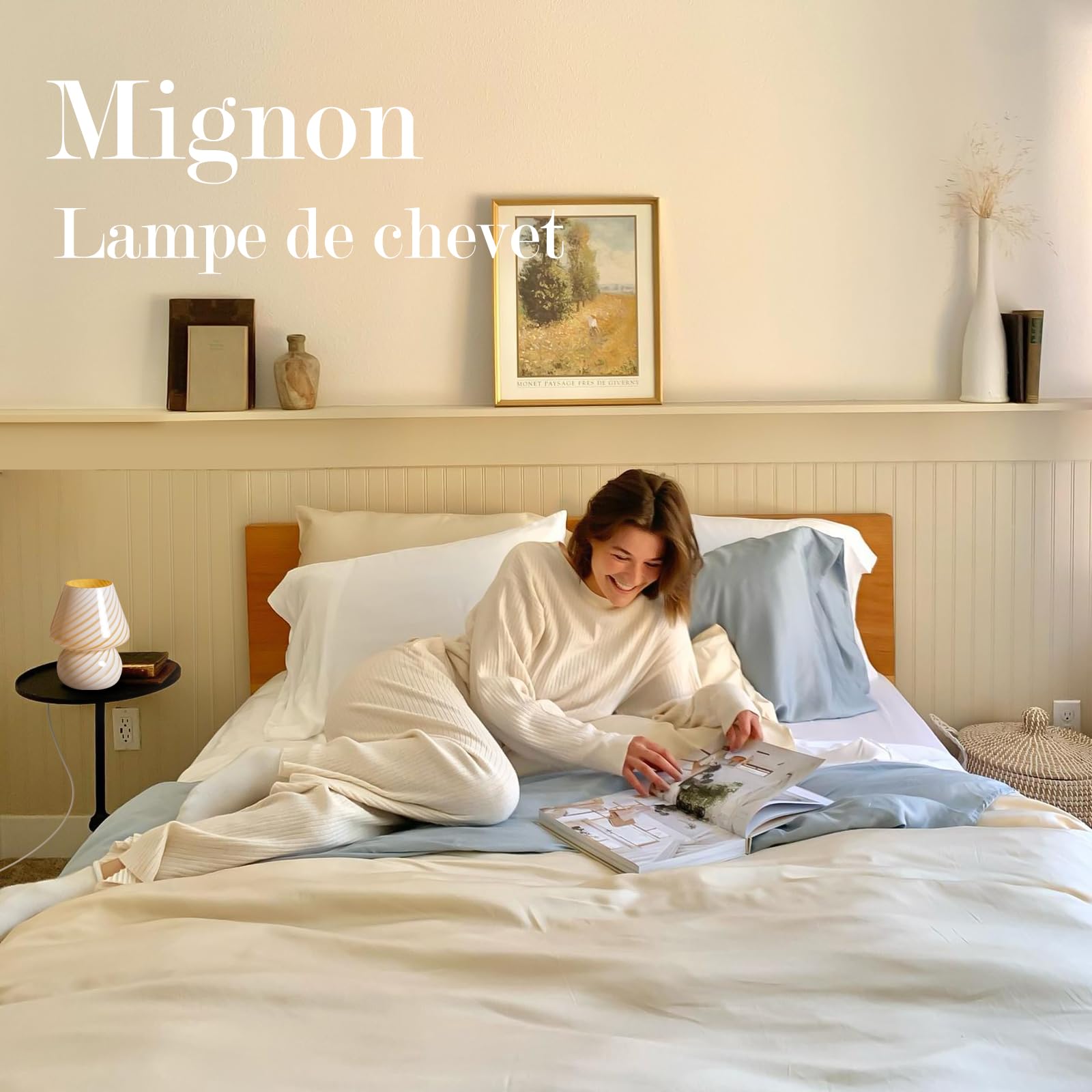 ONEWISH Lampe Champignon - Lampe de Chevet Chambre, Ampoule Incluse, Cadeau Fête des Mères, Jaune Crème Image du produit 4
