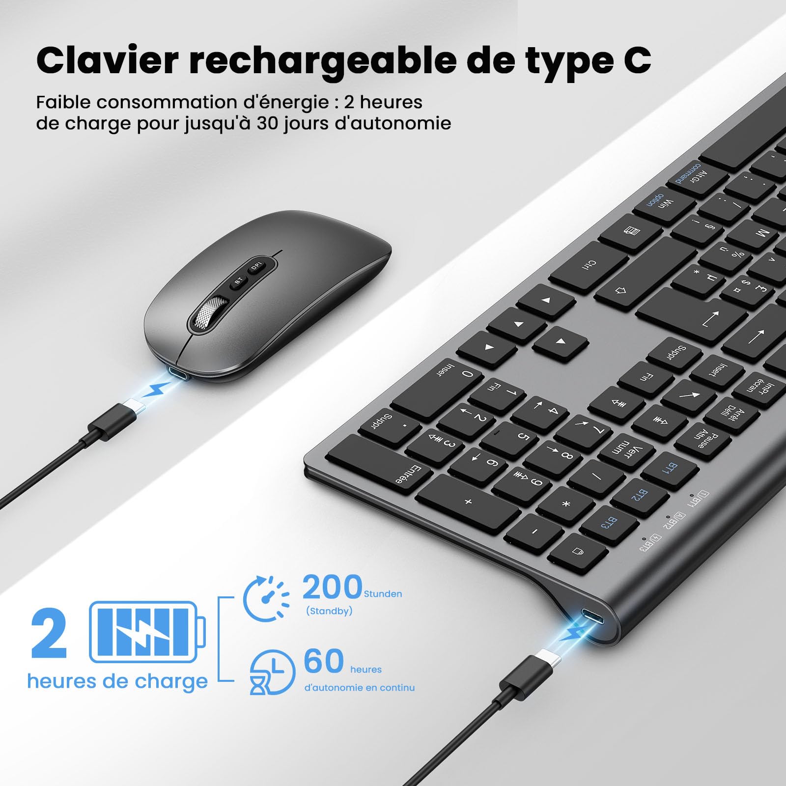 cimetech Clavier Souris sans Fil Bluetooth, Connexion BT1+ BT2+ BT3, Rechargeable, Silencieux, Ultra-Fin Clavier AZERTY, Compatible Windows/Mac OS/iPad/Android-Gris Noir