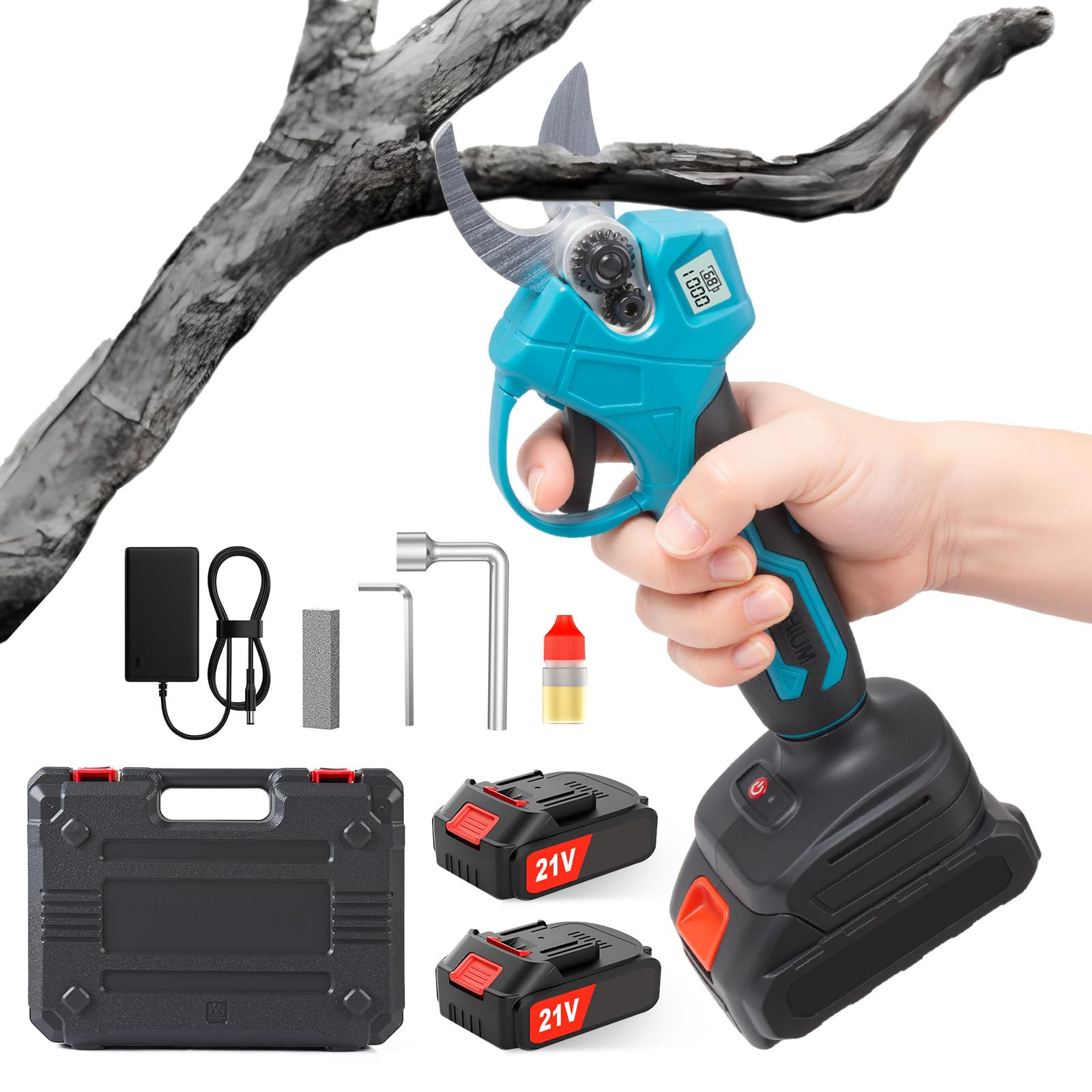 Cesoie elettriche senza fili, con batteria da 40 mm, diametro di taglio da 21 V, 2000 mAh, set di lame di ricambio, 6-8 ore di lavoro, cesoie per potatura e cesoie per rose (blu)