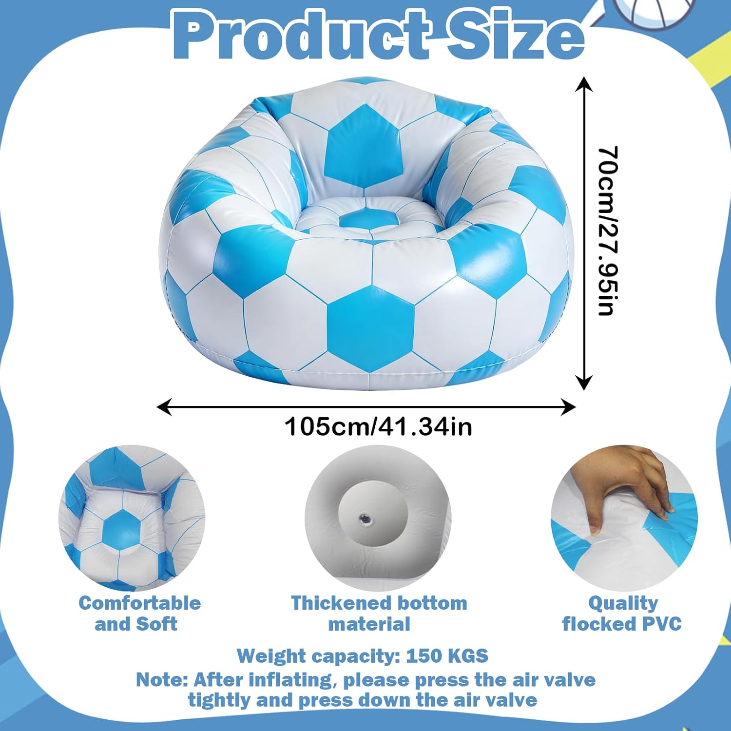 41in Inflatable Soccer Ball Bean Bag Chair, Portable Lazy Couch, PVC Air Cushion Sofa for Living Room Balcony Garden Camping