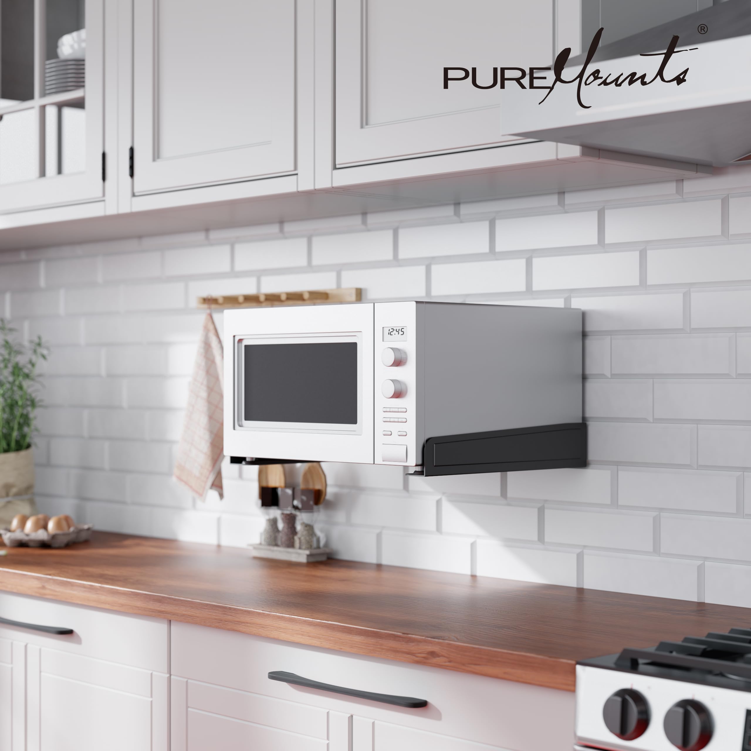 PureMounts Uchwyt do kuchenki mikrofalowej, uchwyt ścienny, uniwersalny uchwyt do kuchenki mikrofalowej i kuchenki mikrofalowej do 35 kg, uchwyt ścienny do kuchenki mikrofalowej, czarny