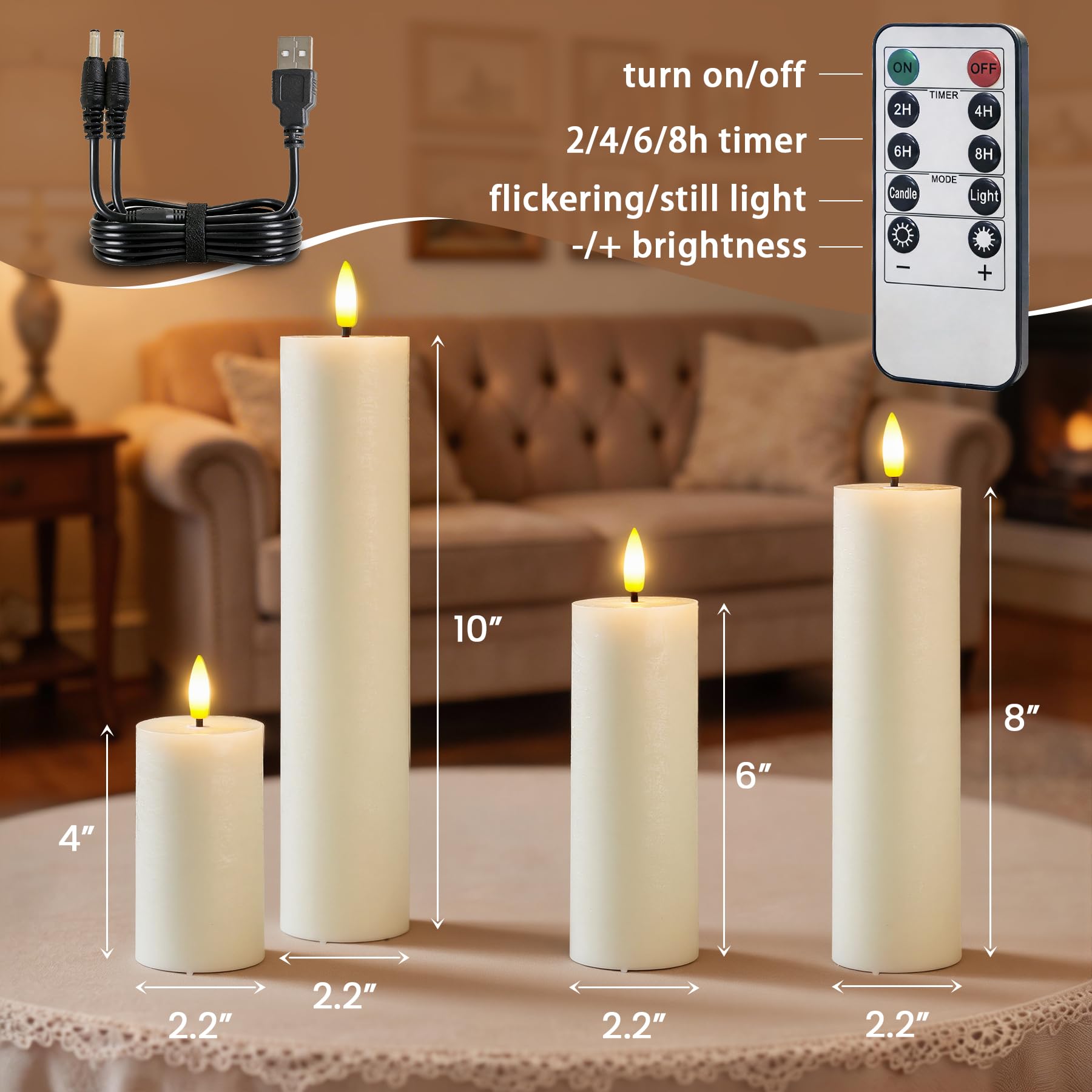 Candele LED ricaricabili senza fiamma in avorio con telecomando e Temporizzazione, confezione da 4 candele di cera tremolanti (cavo di ricarica USB, 5,5cm x10 15 20 25cm)