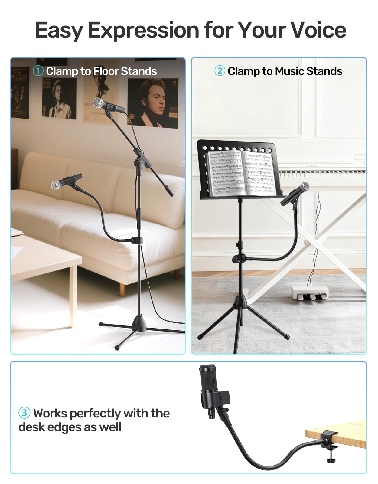 Support de microphone col de cygne de 48,3 cm, bras réglable à 360° avec 2 supports de micro, pince de serrage robuste et adaptateurs à vis de 5/8"-3/8" et 5/8"-1/4", idéal pour podcasting