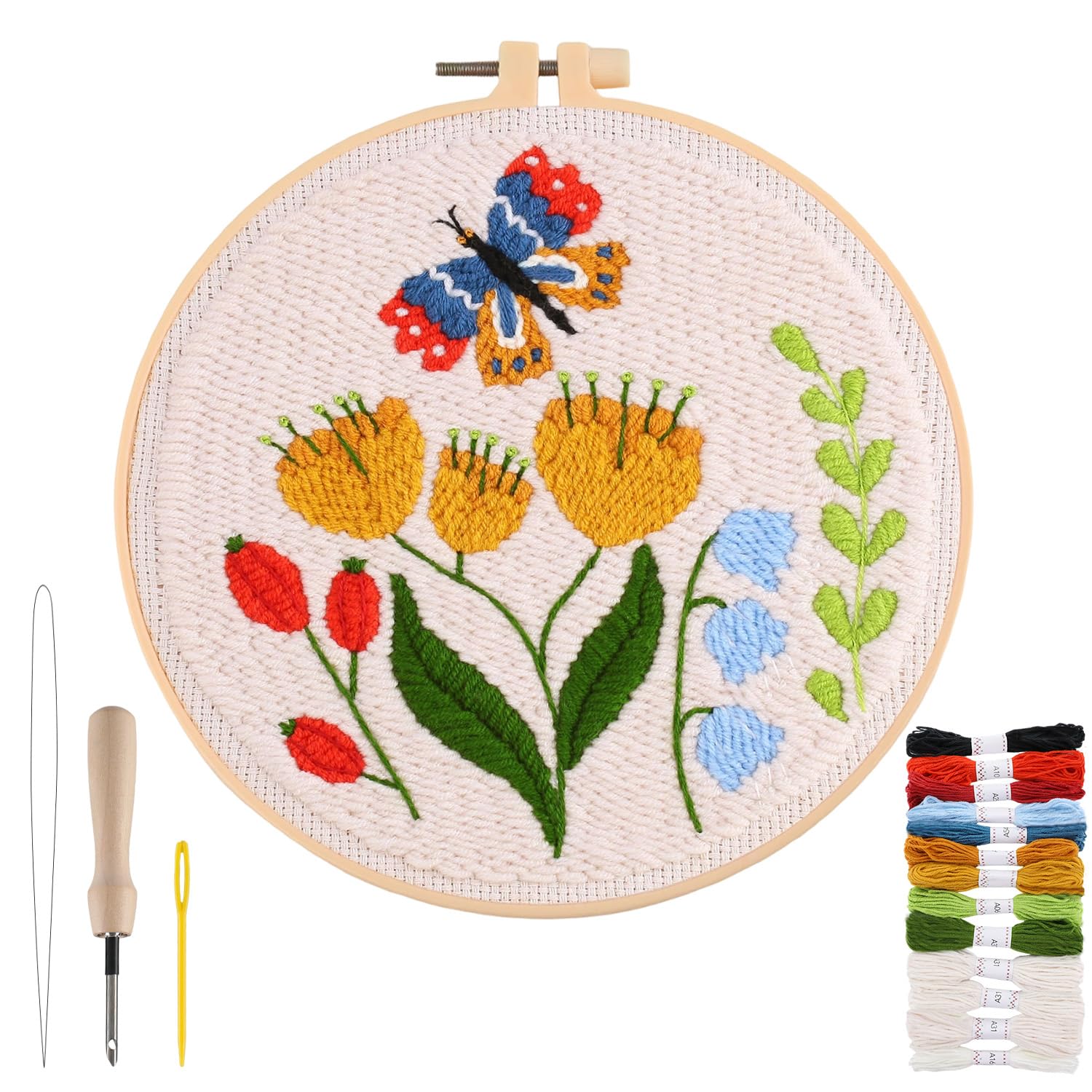 Punch Needle Kit Adults Beginner- Step-by-Step Guide & Video, Including Punch Needle Fabric with Pattern/Hoop/Needle/Yarns, Spring Embroidery Craft Kits, Easy Hobby Gifts for Women, Butterfly