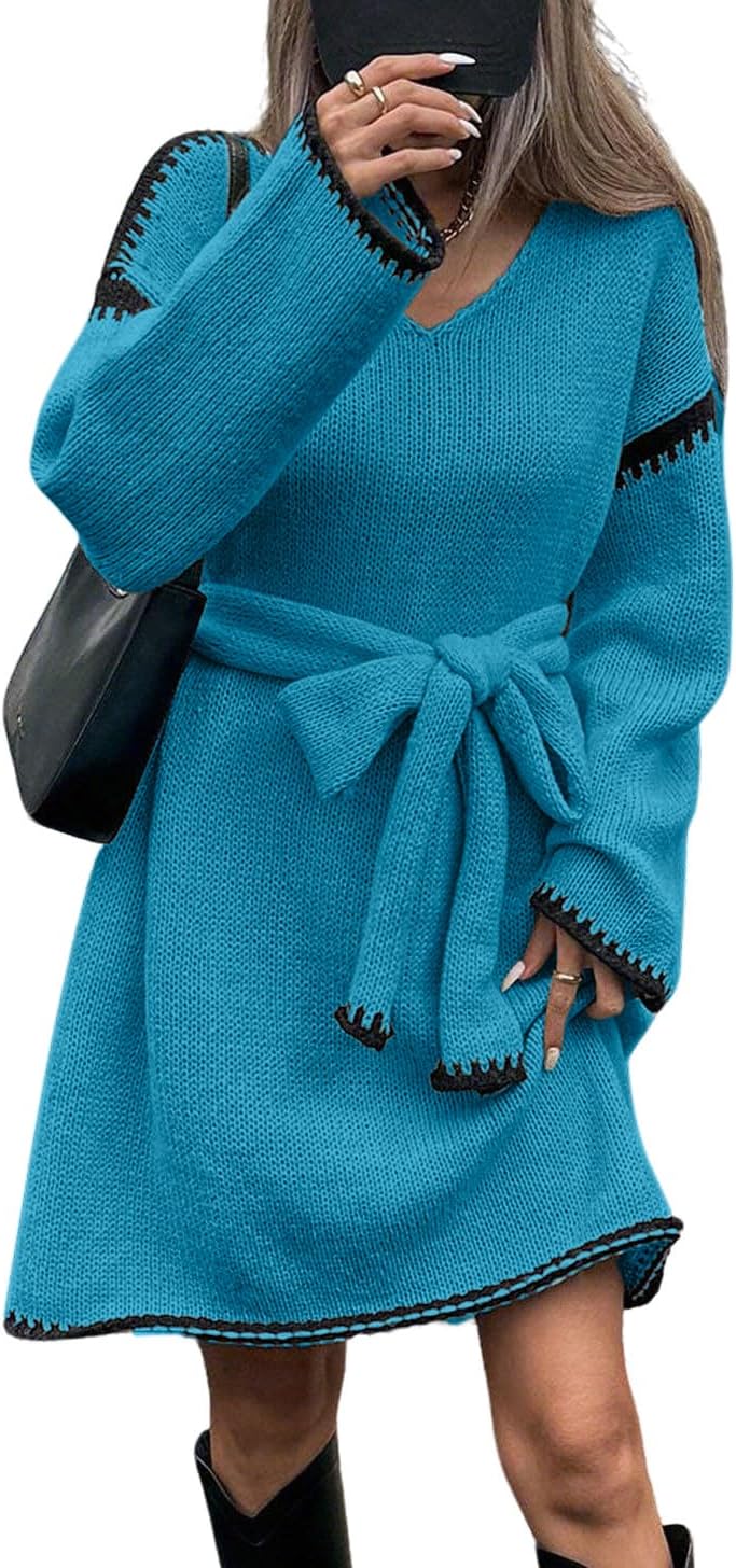 CHARTOU Causal Loose Straight Fit Sweater Dress for Women Fall 2025 Outfit Contrast Jumper Knit Sweater with Belt