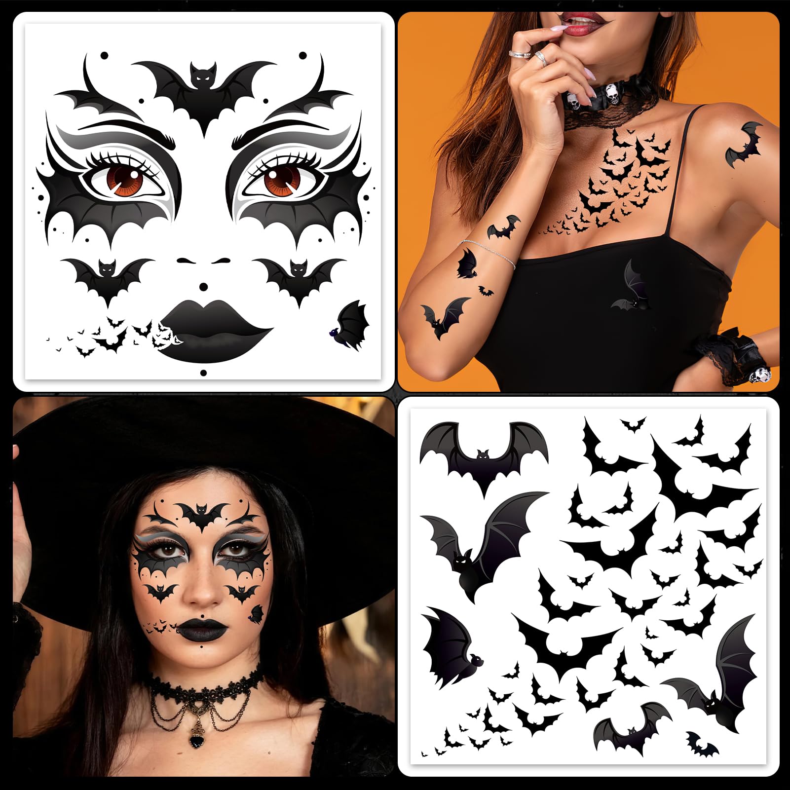 HOWAF 4 PCS Halloween Face Tattoos, Bat Face Sticker Temporary Tattoos Stickers for Bat Costume Carnival Halloween Costume Women Men - Image 4