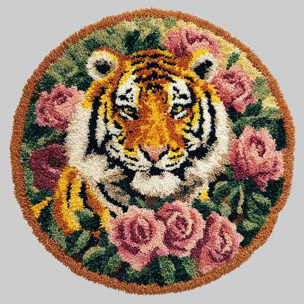 Round Latch Hook Rug Kits Tiger For Adults And Starter 50*50Cm