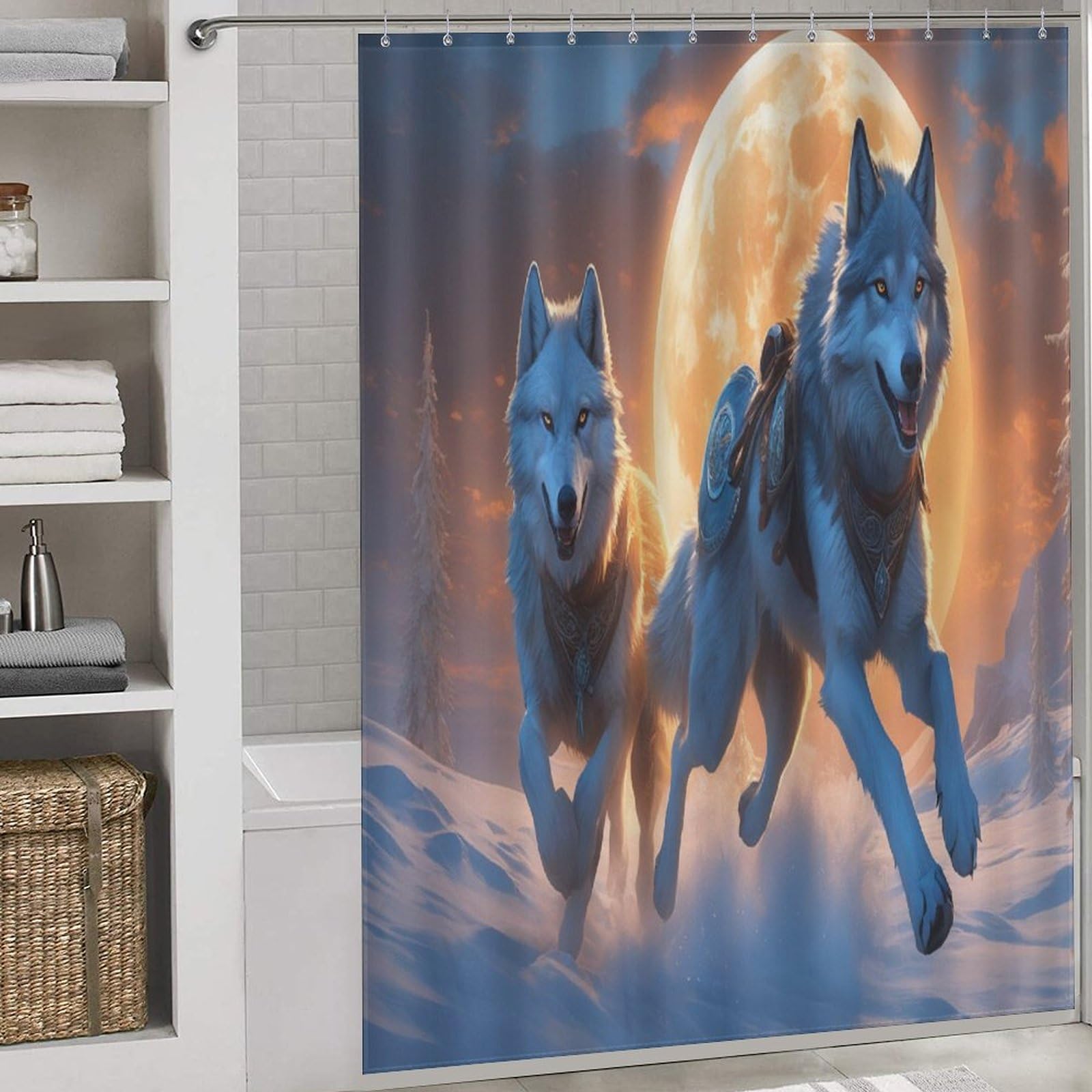 Rideau de bain loup lavable pour créer une ambiance nature dans la salle de bain