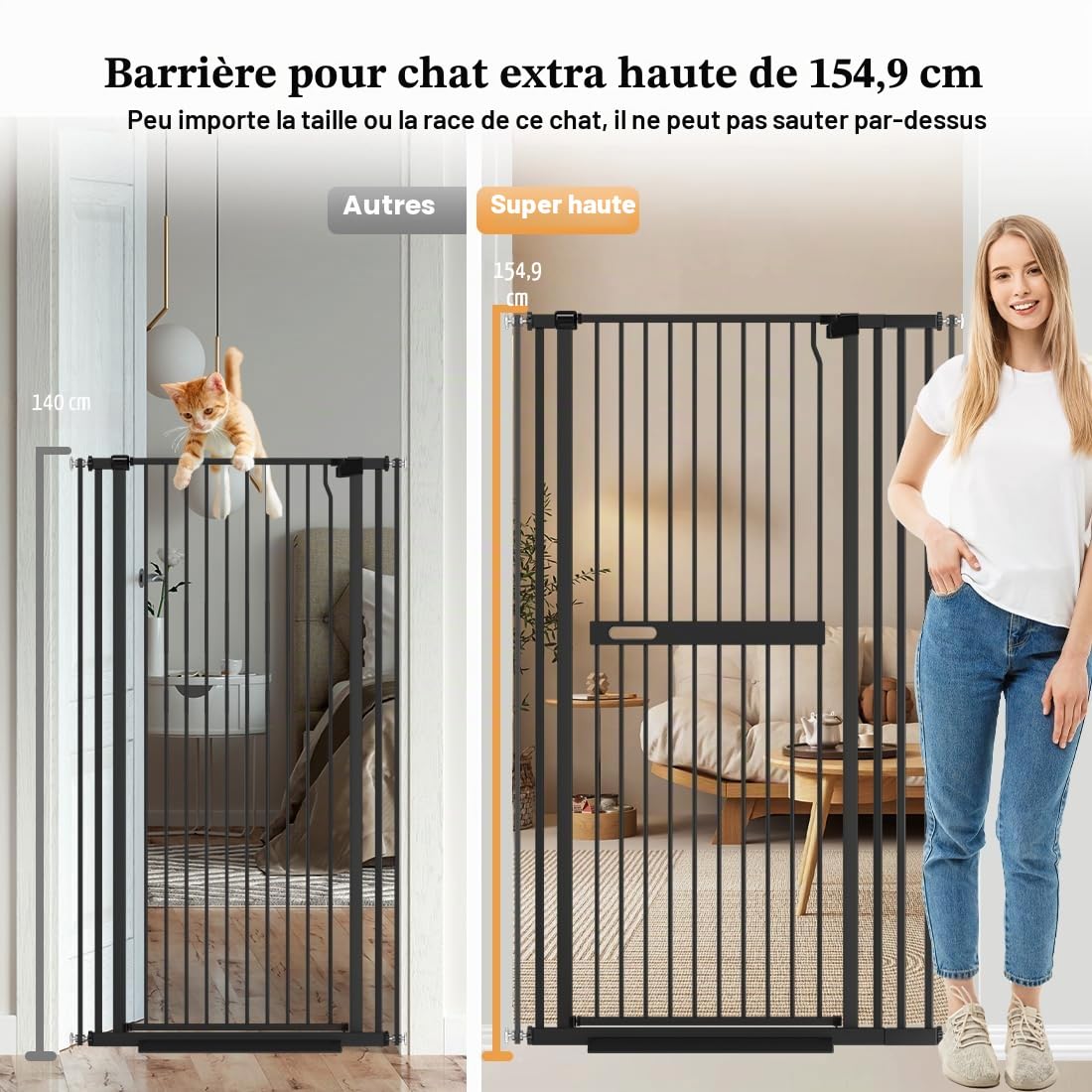 Xifamniy Barrière extra haute et extra large en métal pour chien et chat - Hauteur : 155 cm - Largeur : 76,5 - 92 cm - Montage par pression - Fermeture automatique - Pour encadrements de portes