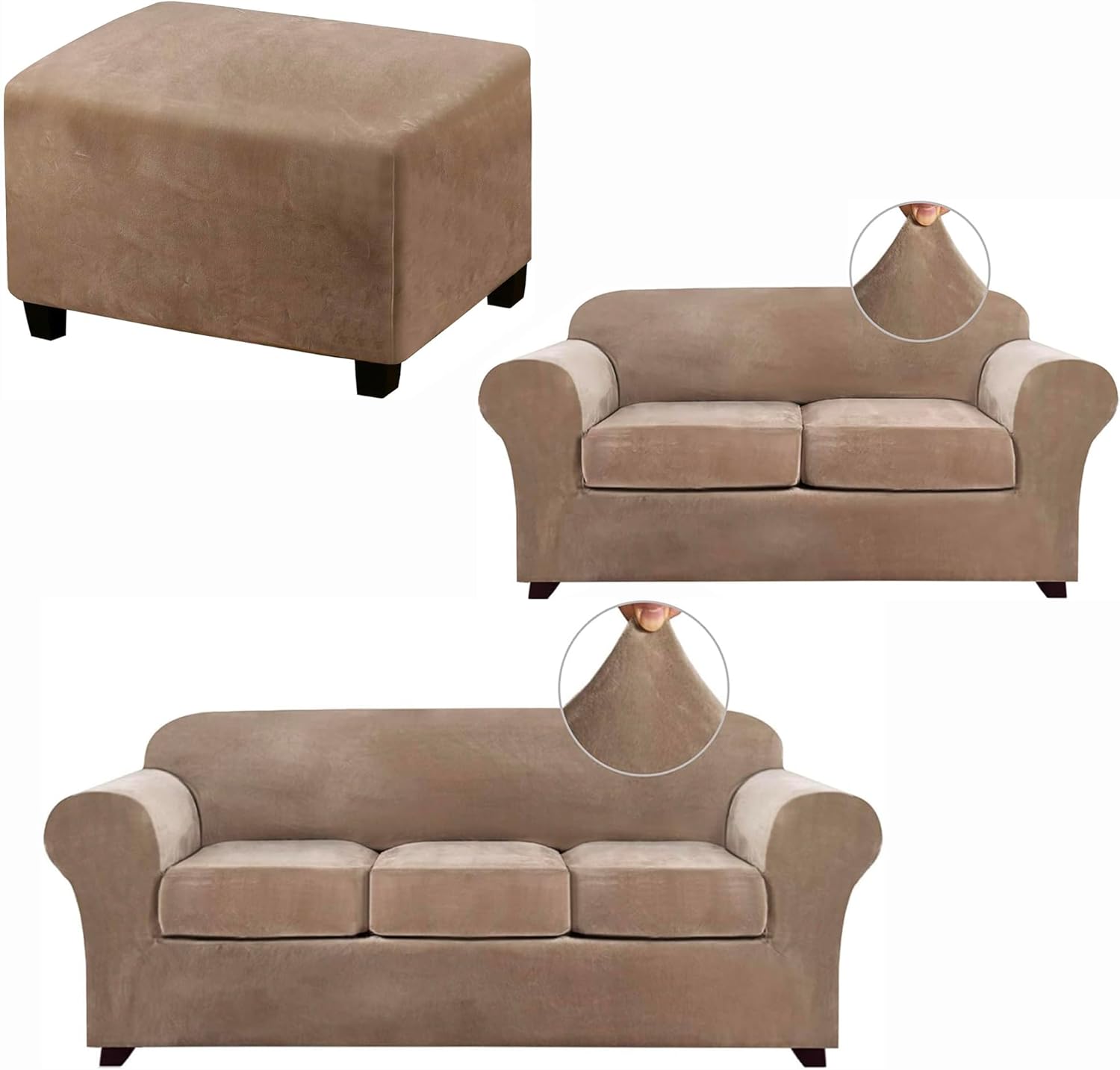PrinceDeco 3/4 Pieces Couch Covers Bundle Ottoman Cover, Camel