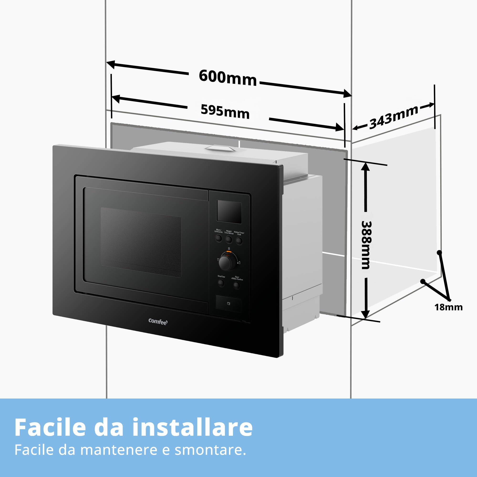 COMFEE' Forno a Microonde da Incasso Digitale, 20 Litri, 800W, Grill, 5 Livelli di Potenza, 8 Menù automatico, Funzione Defrost Rapido, Nero- CBMAG820BJL-BK