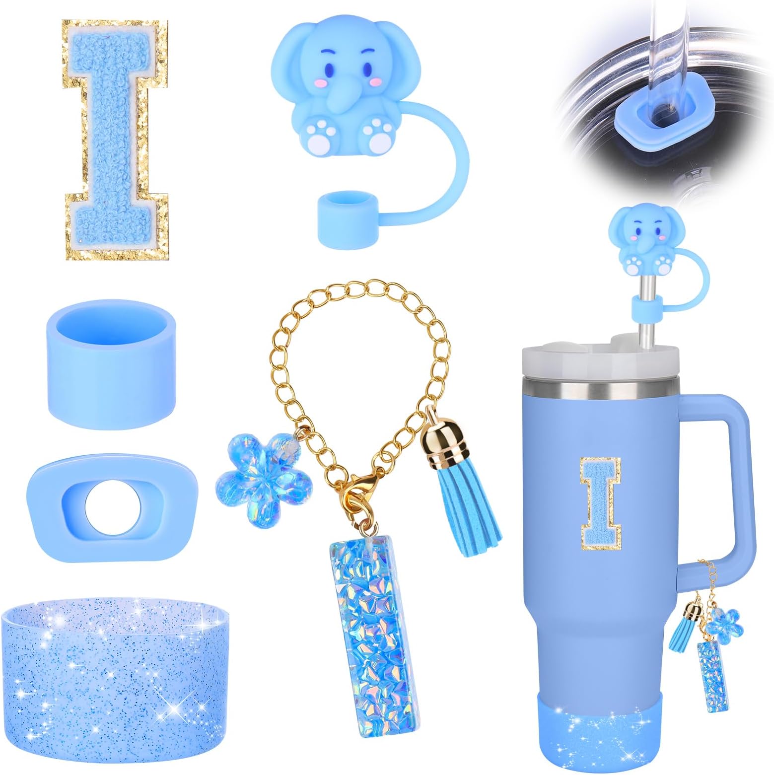Mity rain Cup Accessories Set for stanley 30 oz 40 oz tumbler with handle, Including Initials Charms, Straw Cover Cap, Boot, Sticker, Silicone Spill Proof Stopper,Blue Decorate for Boy Girl (Letter I)