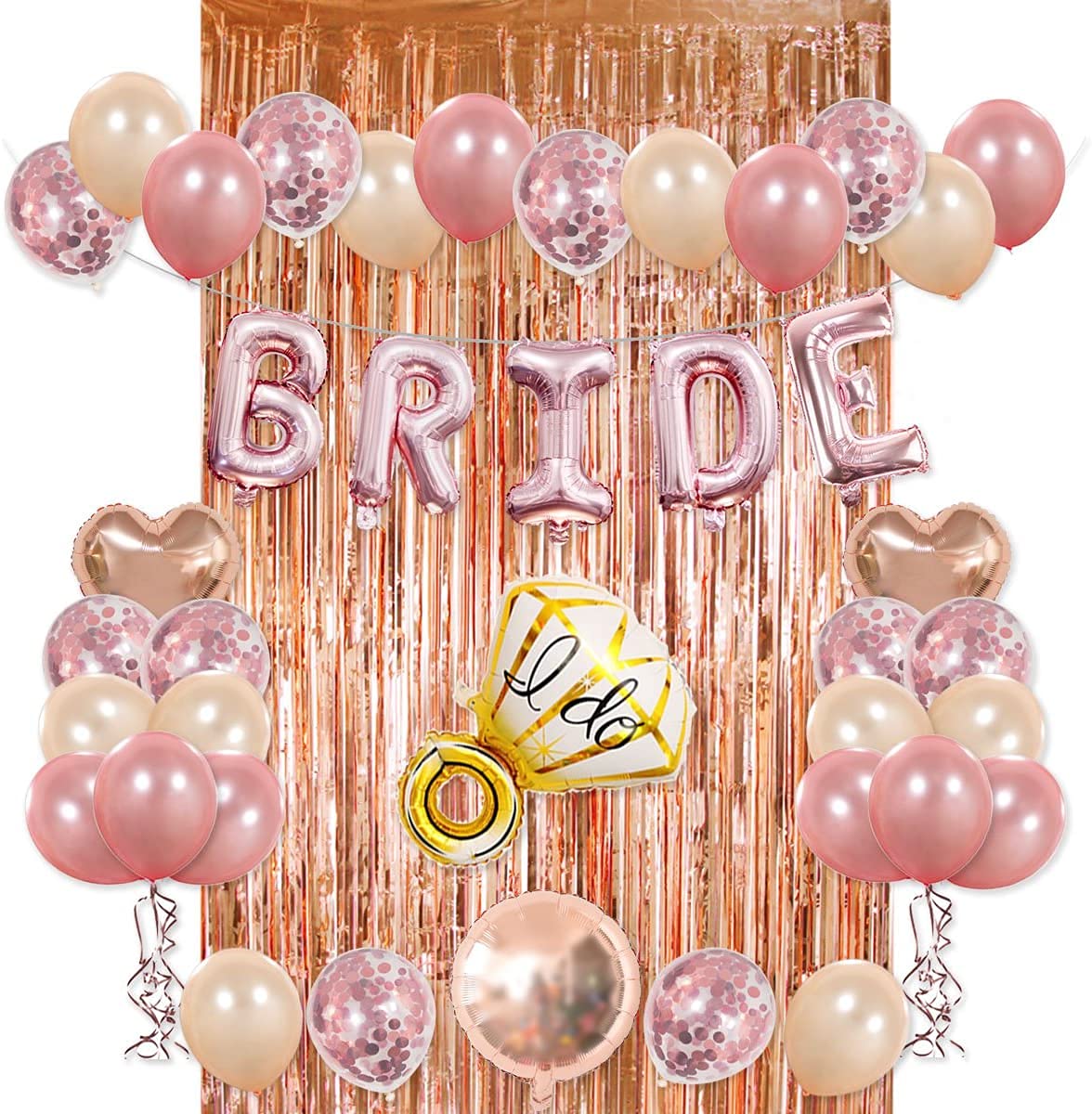Mumoo BearBRIDE Party Decorations Kit- Rose Gold Foil Fringe Curtain, 20 Latex Balloons, 10 Confetti Balloon, and Ring Heart Round Mylar Balloons for Bachelorette Bridal Shower Supplies