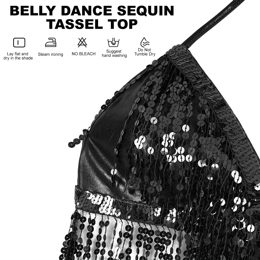 Tops de danza para mujer,Top con borlas y lentejuelas para danza del vientre (negro)