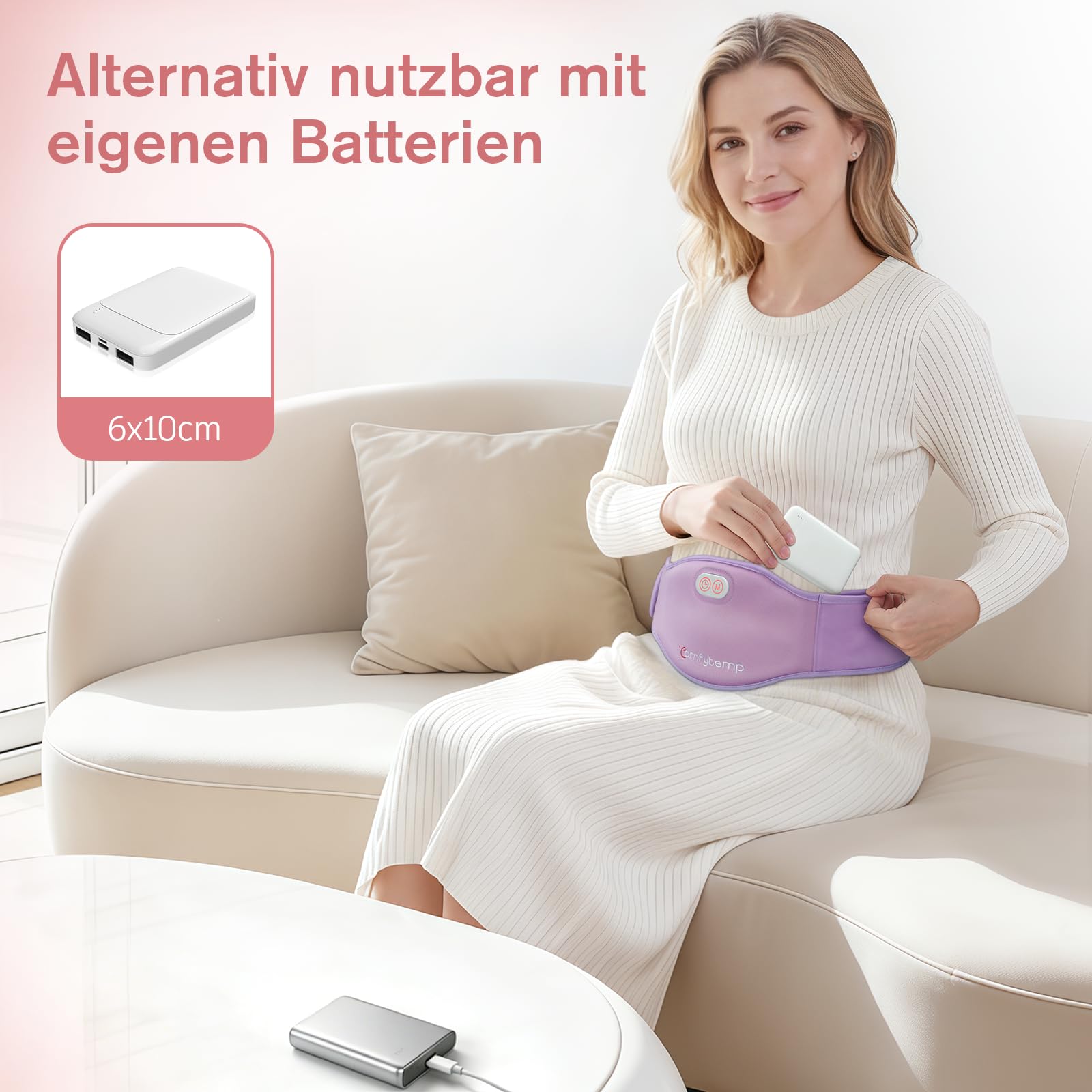 Comfytemp Große Wärmegürtel Periode mit 5000mAh Akku für Perioden Bauch und Rücken, 16x150cm Kabellos Heizgürtel Menstruations Bauchwärmer Rückenwärmer mit USB Geschenke für Mütter, Frauen, Mama