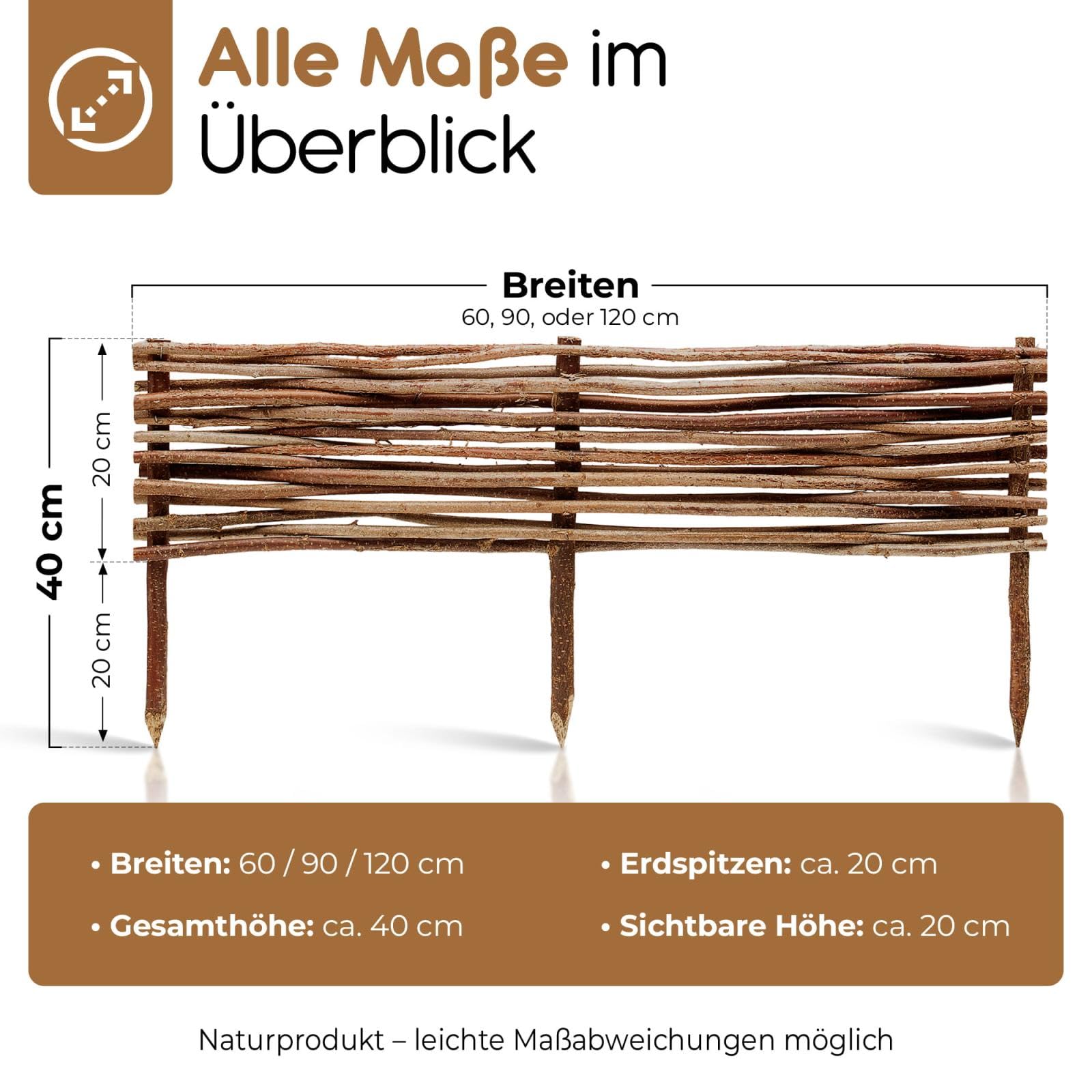 BOOGARDI Mini Gartenzaun Holz · Rasenkante in 3 Größen · 5X Beeteinfassung 20 cm hoch x 120 cm lang · Holz Zaun Beetbegrenzung · Steckzaun zur Beetumrandung · Holzzaun Garten Beetzaun