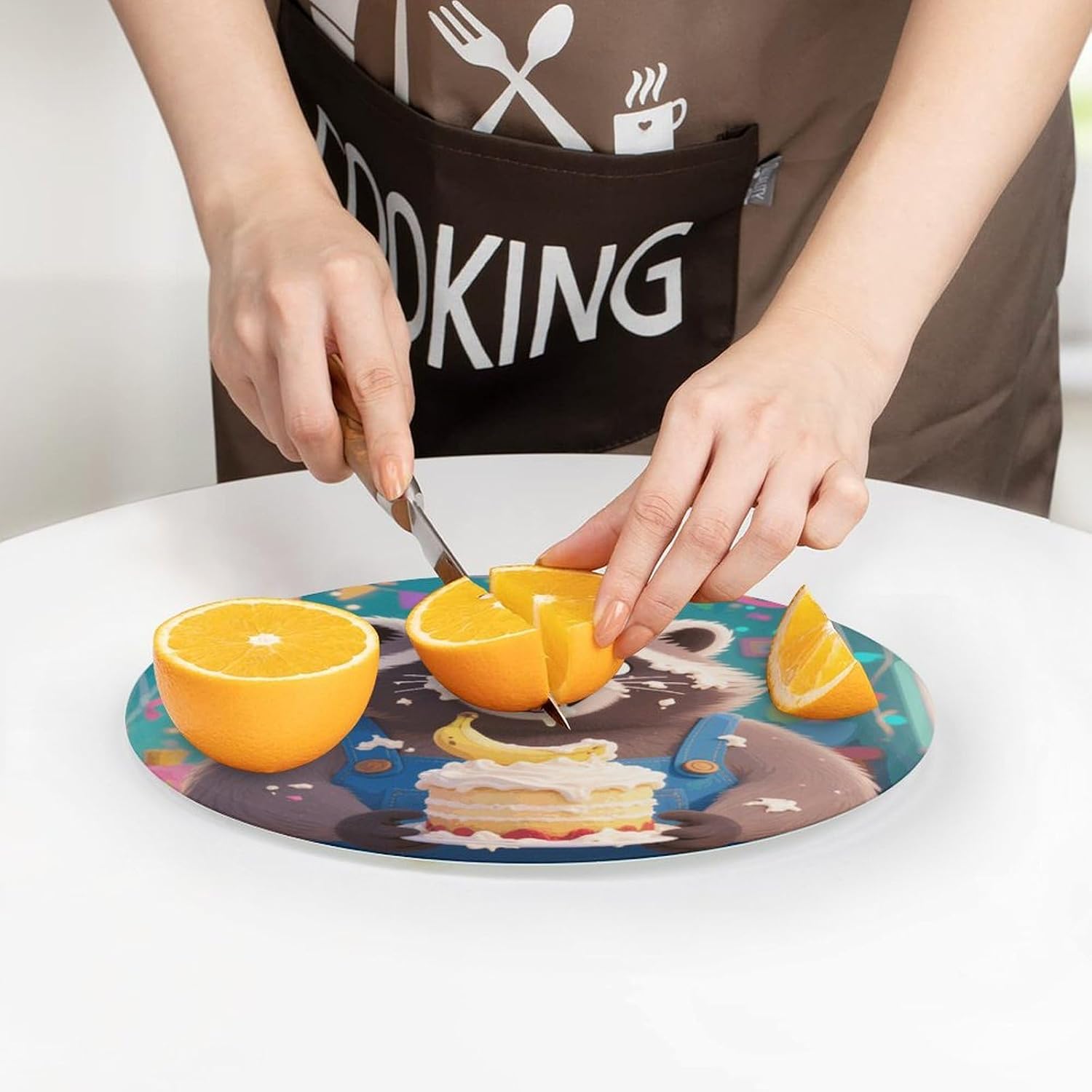Cute Raccoon Tempered Glass Cutting Board Sturdy Chopping Block Personalized Large Butcher Block Lightweight Round Chopping Mat for Kitchen Non Slip